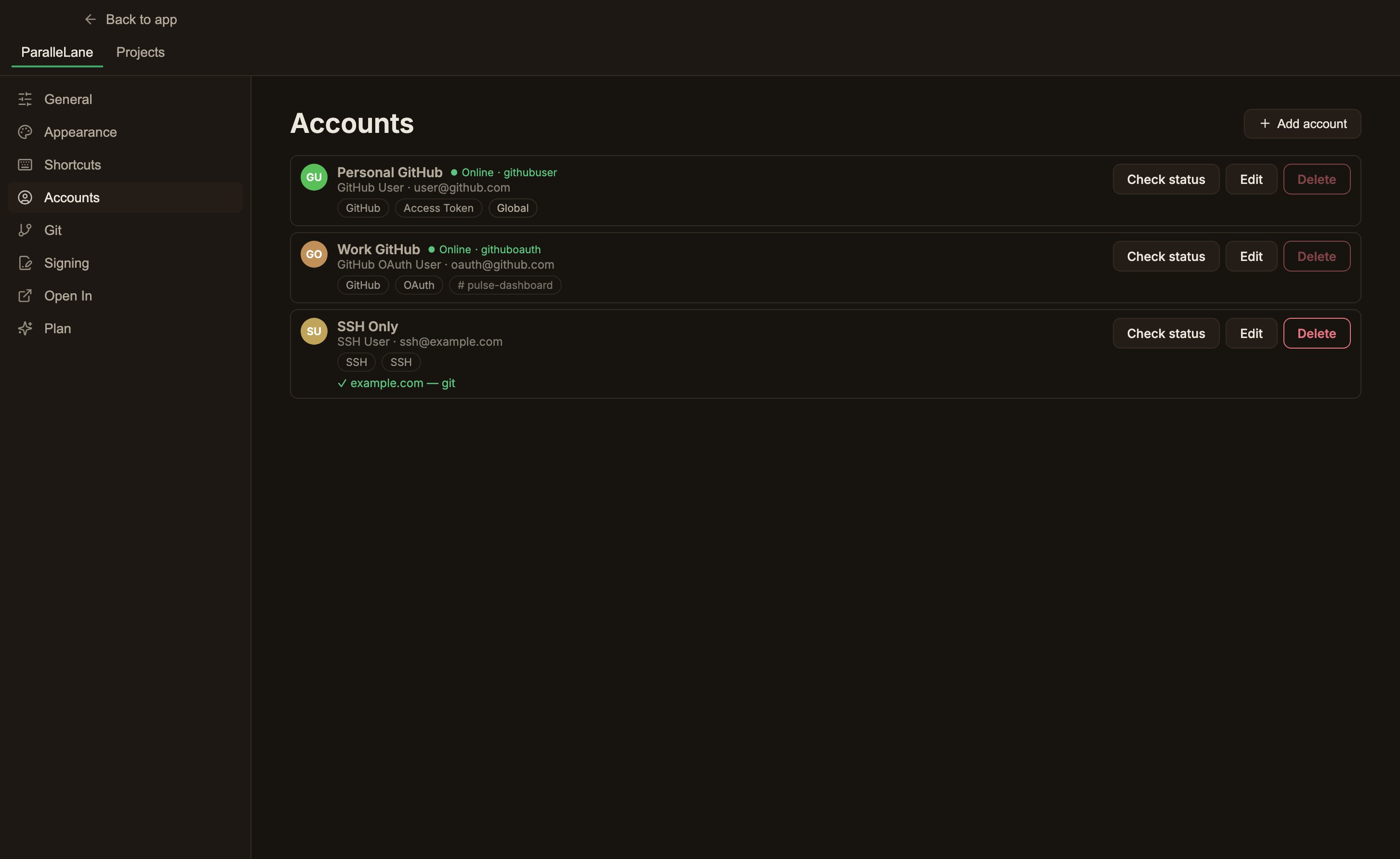 토큰·OAuth·SSH 계정 카드가 나열되고 각 카드에 서버 종류와 인증 방식 배지가 붙은 계정(Accounts) 설정 화면