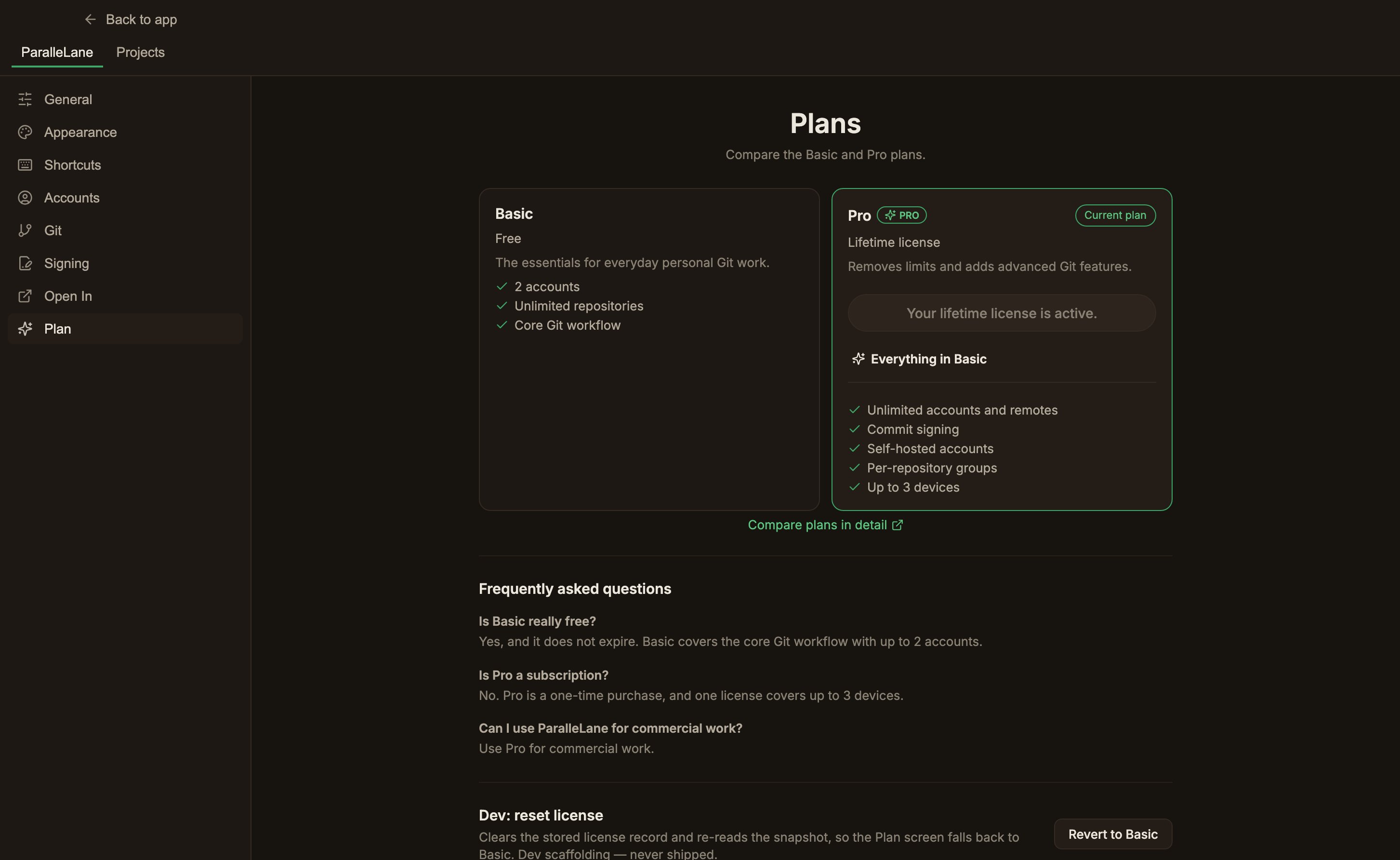 Pro 카드에 현재 요금제 배지가 붙고 라이선스가 활성화된 요금제 화면