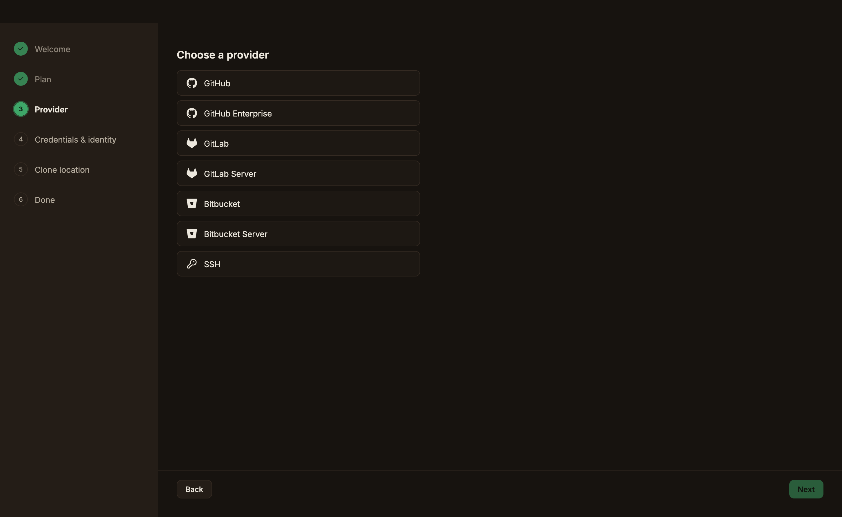 GitHub, GitHub Enterprise, GitLab, GitLab Server, Bitbucket, Bitbucket Server, SSH가 세로로 나열된 프로바이더 선택 화면