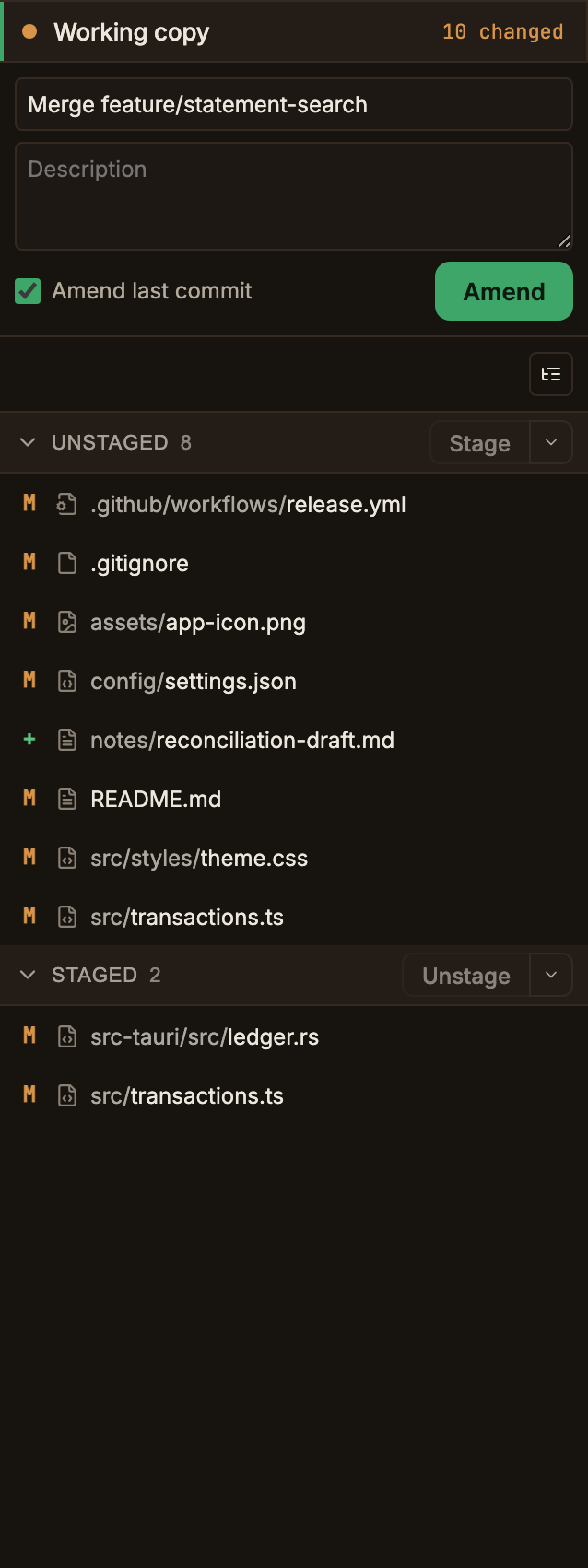 The Working copy panel switched to Amend mode, with the Amend last commit checkbox turned on, the Summary field pre-filled with the existing commit message Merge feature/statement-search, and the button label on the right changed to Amend