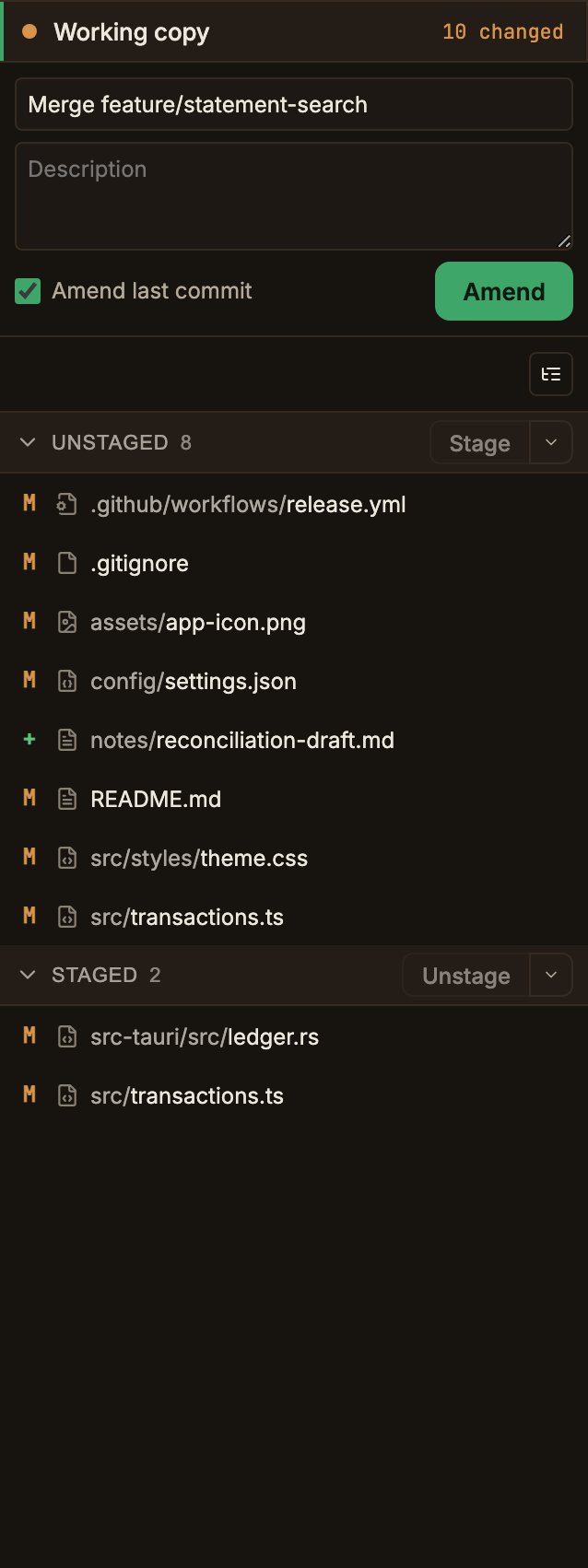 The Working copy panel switched to Amend mode, with the Amend last commit checkbox turned on, the Summary field pre-filled with the existing commit message Merge feature/statement-search, and the button label on the right changed to Amend