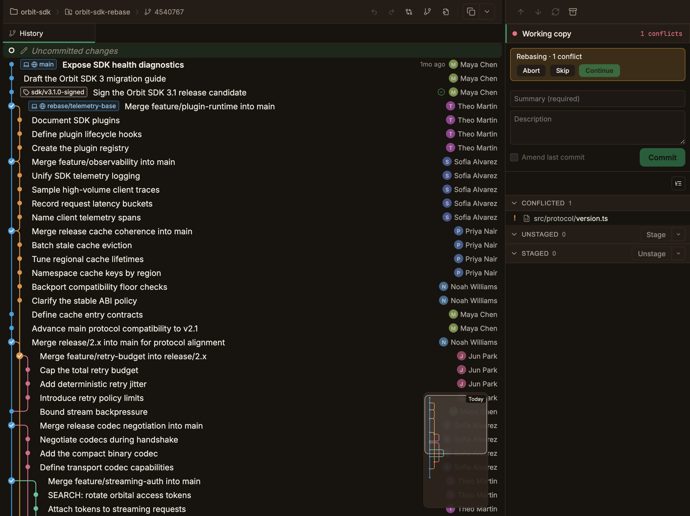 The banner at the top of the Working copy panel while a rebase is in progress, 'Rebasing · 1 conflict' with Abort and Skip buttons, and the Continue button disabled because a conflict remains