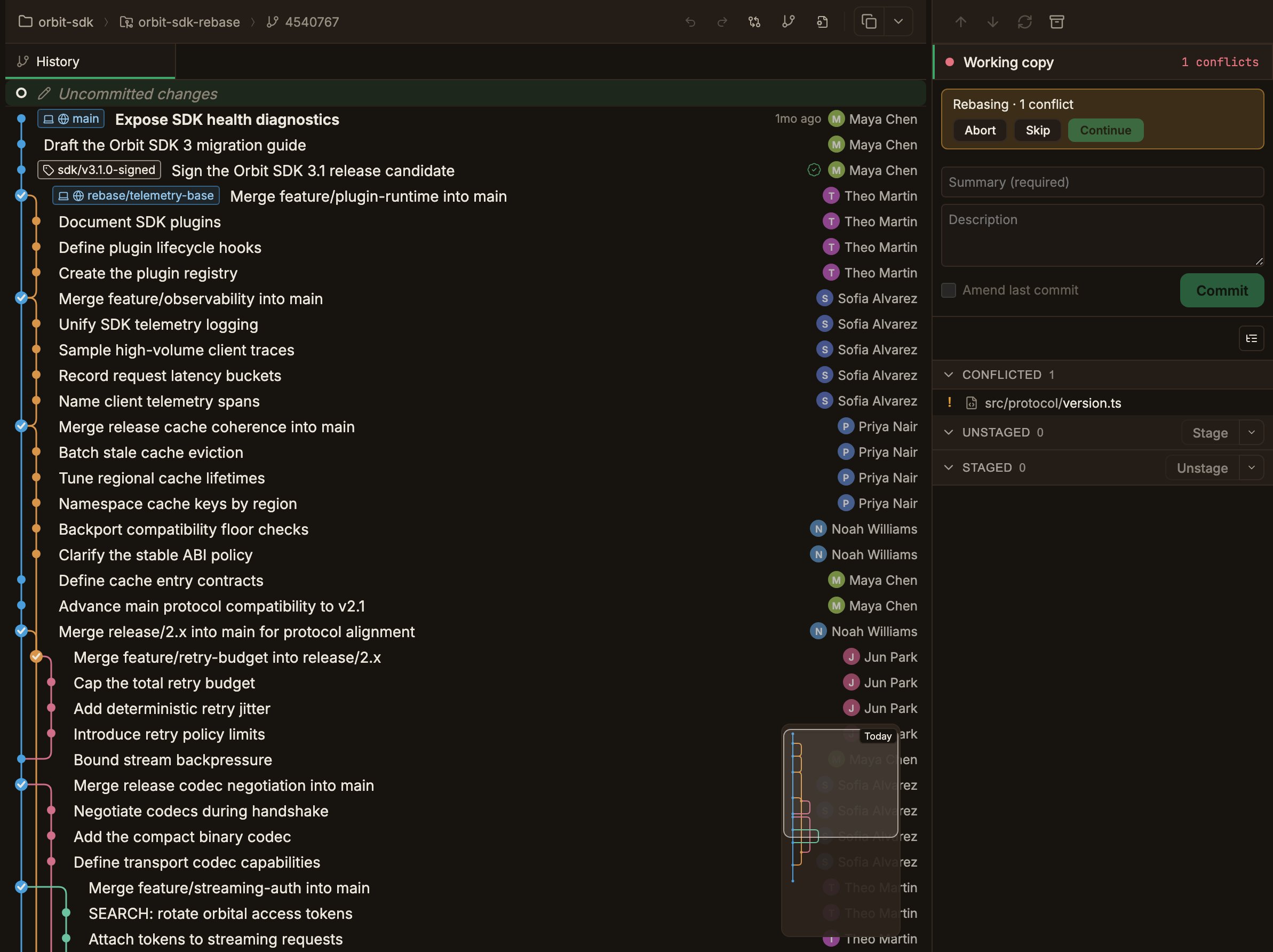 The banner at the top of the Working copy panel while a rebase is in progress, 'Rebasing · 1 conflict' with Abort and Skip buttons, and the Continue button disabled because a conflict remains