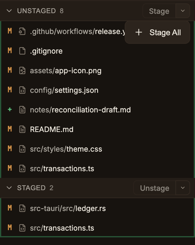 The Working copy panel — the UNSTAGED header carries a Stage button with a chevron beside it and the chevron's menu is open on a single Stage All entry, while the STAGED header below carries the same pair as Unstage and a chevron