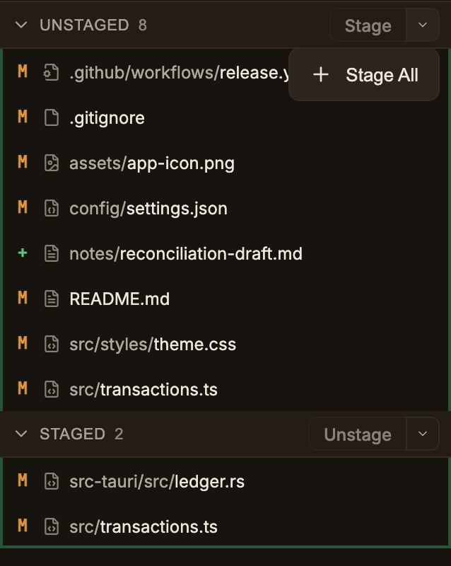 The Working copy panel — the UNSTAGED header carries a Stage button with a chevron beside it and the chevron's menu is open on a single Stage All entry, while the STAGED header below carries the same pair as Unstage and a chevron