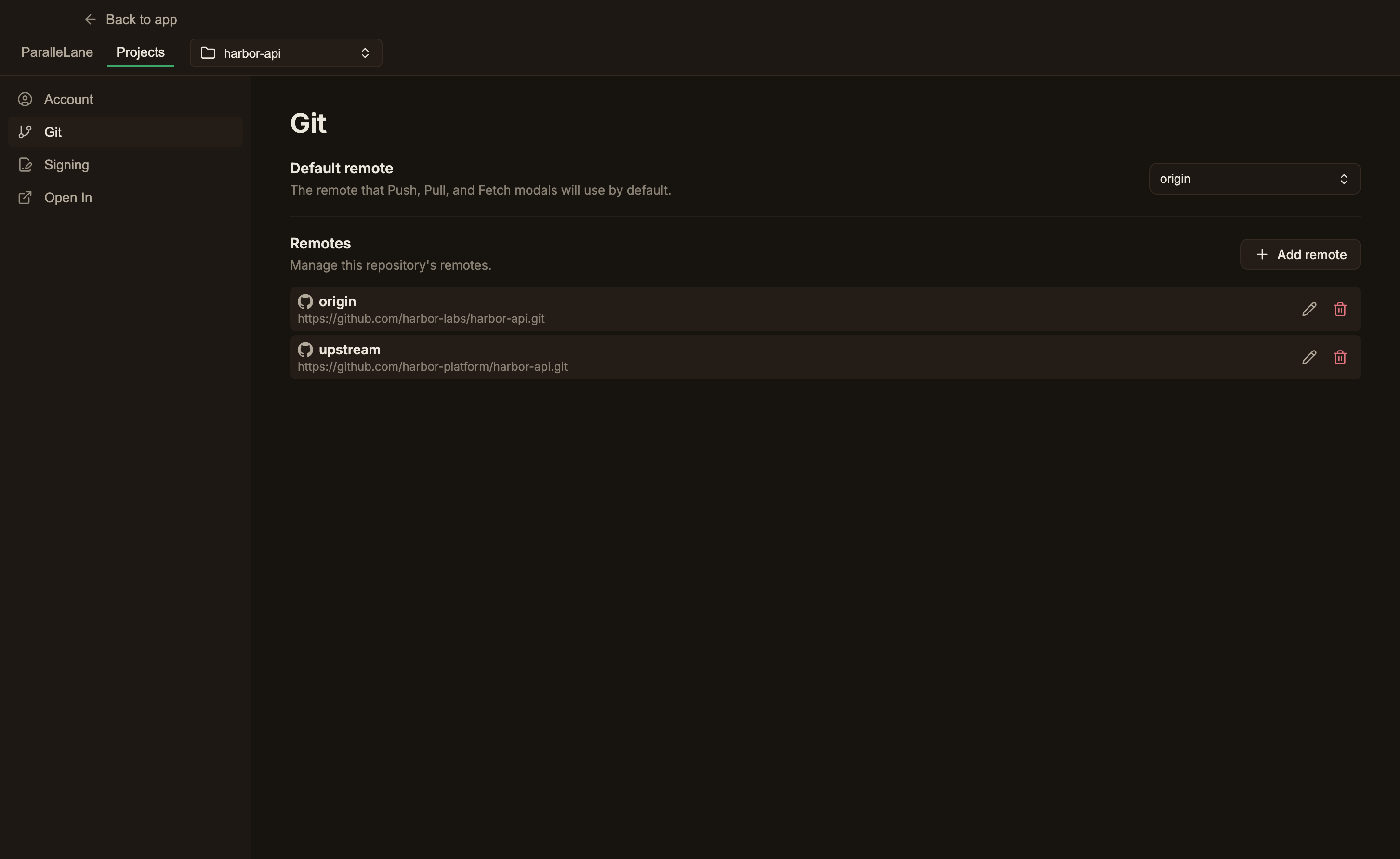 The Settings → Projects → Git panel, showing the Default remote dropdown and the Remotes list, where each row starts with the remote's icon, followed by its name and URL, with Edit and Delete buttons on the right