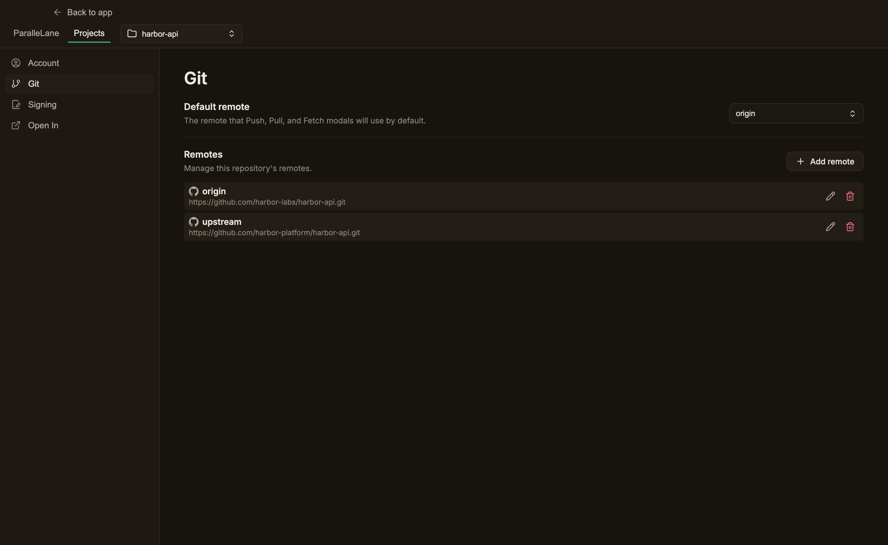 The Settings → Projects → Git panel, showing the Default remote dropdown and the Remotes list, where each row starts with the remote's icon, followed by its name and URL, with Edit and Delete buttons on the right