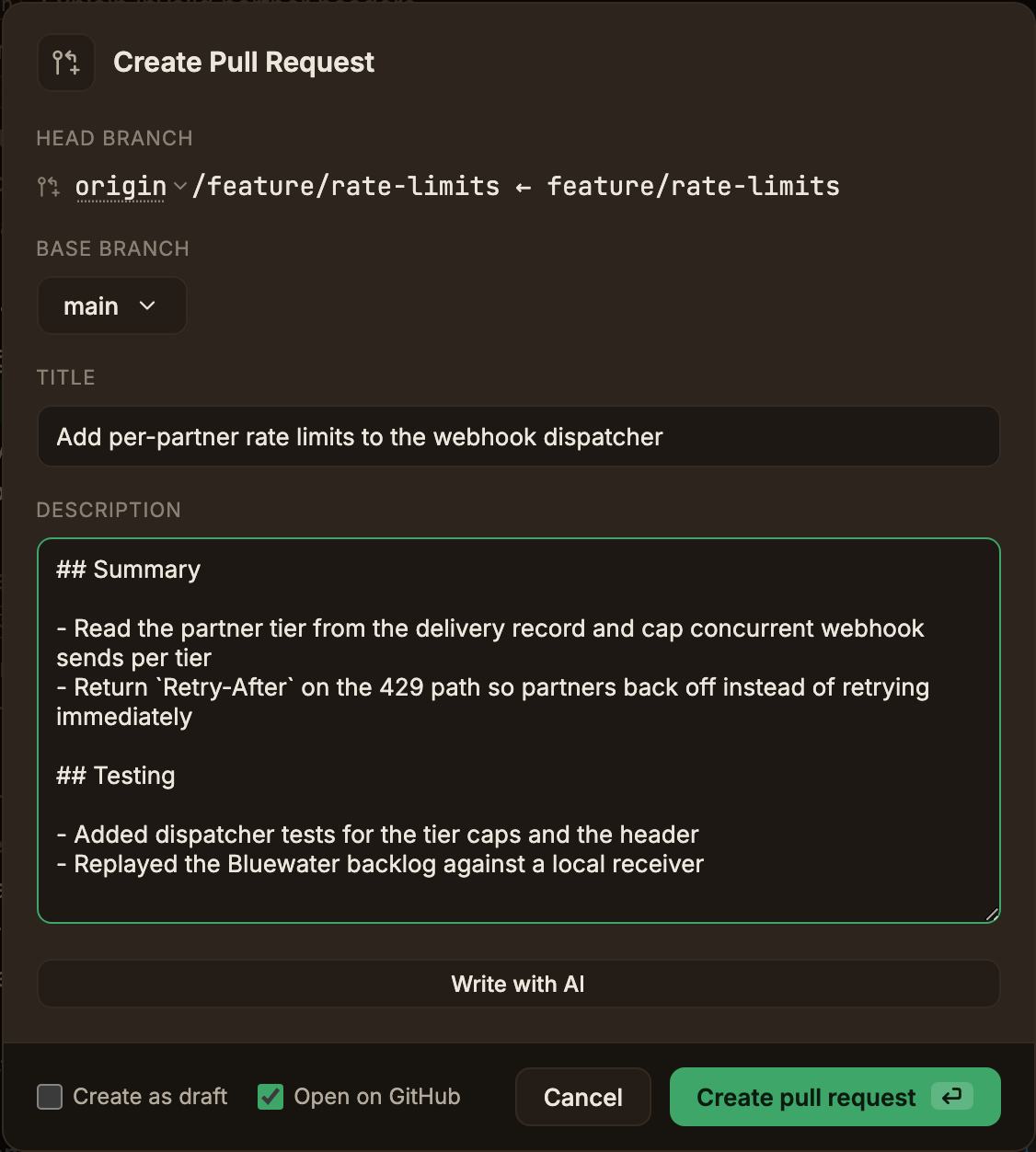 The Create Pull Request dialog, with the Head branch line reading origin/feature/rate-limits ← feature/rate-limits, main selected as the Base branch, a filled Title and Description, a Write with AI button below them, and Create as draft and Open on GitHub checkboxes beside the Cancel and Create pull request buttons