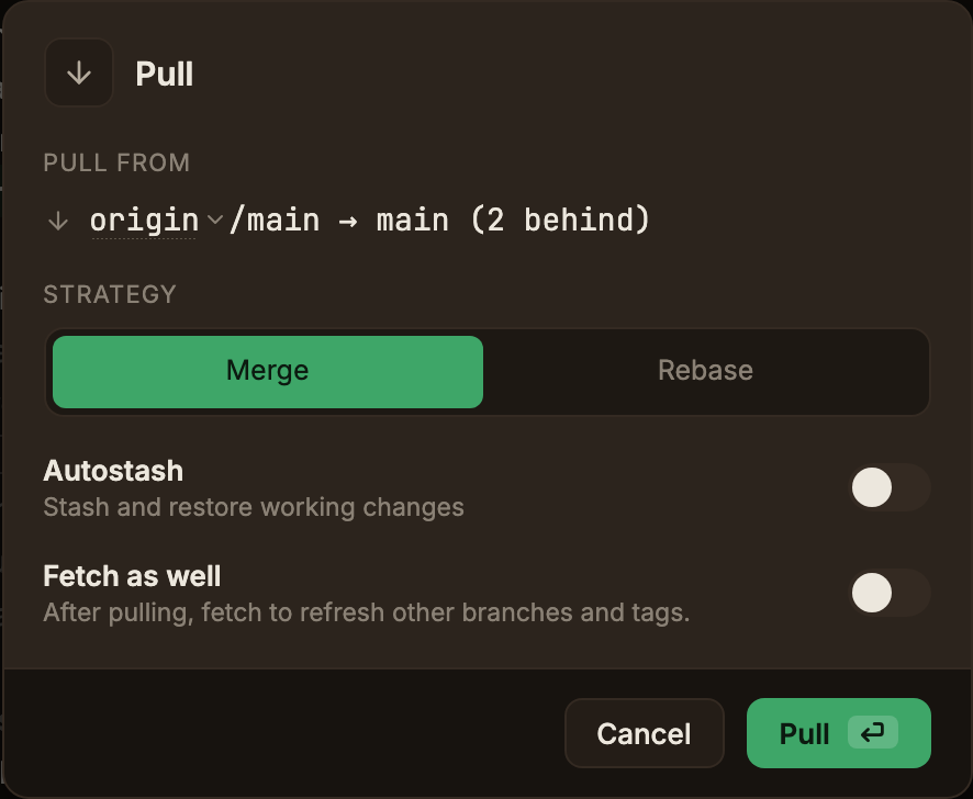 The pull dialog, showing the Pull from source, the Merge / Rebase strategy, and the Autostash option
