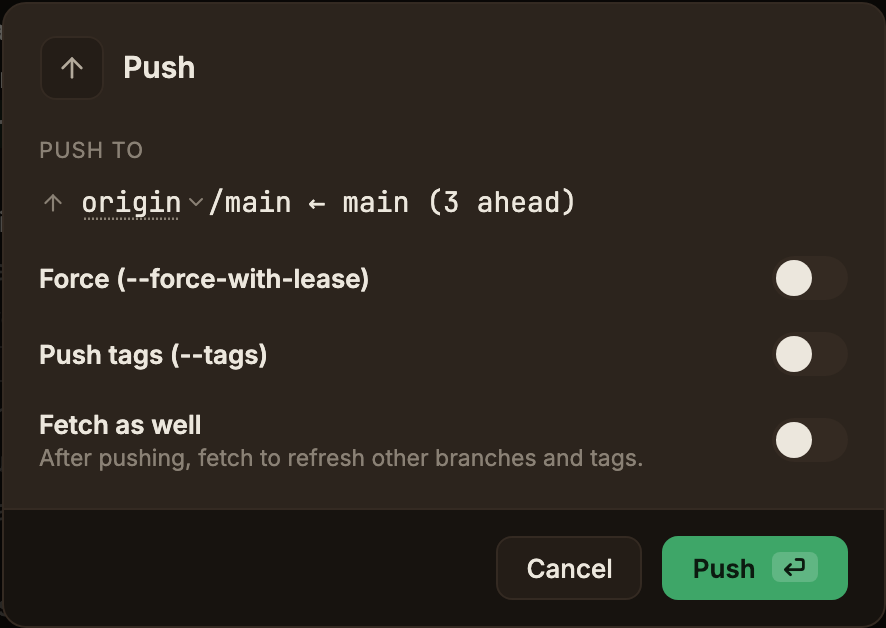 origin/브랜치 대상과 보낼 커밋 수, 강제 푸시와 태그 Push 옵션을 보여주는 푸시 다이얼로그