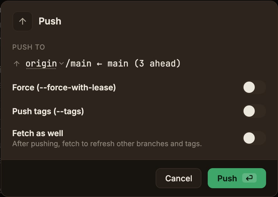 origin/브랜치 대상과 보낼 커밋 수, 강제 푸시와 태그 Push 옵션을 보여주는 푸시 다이얼로그