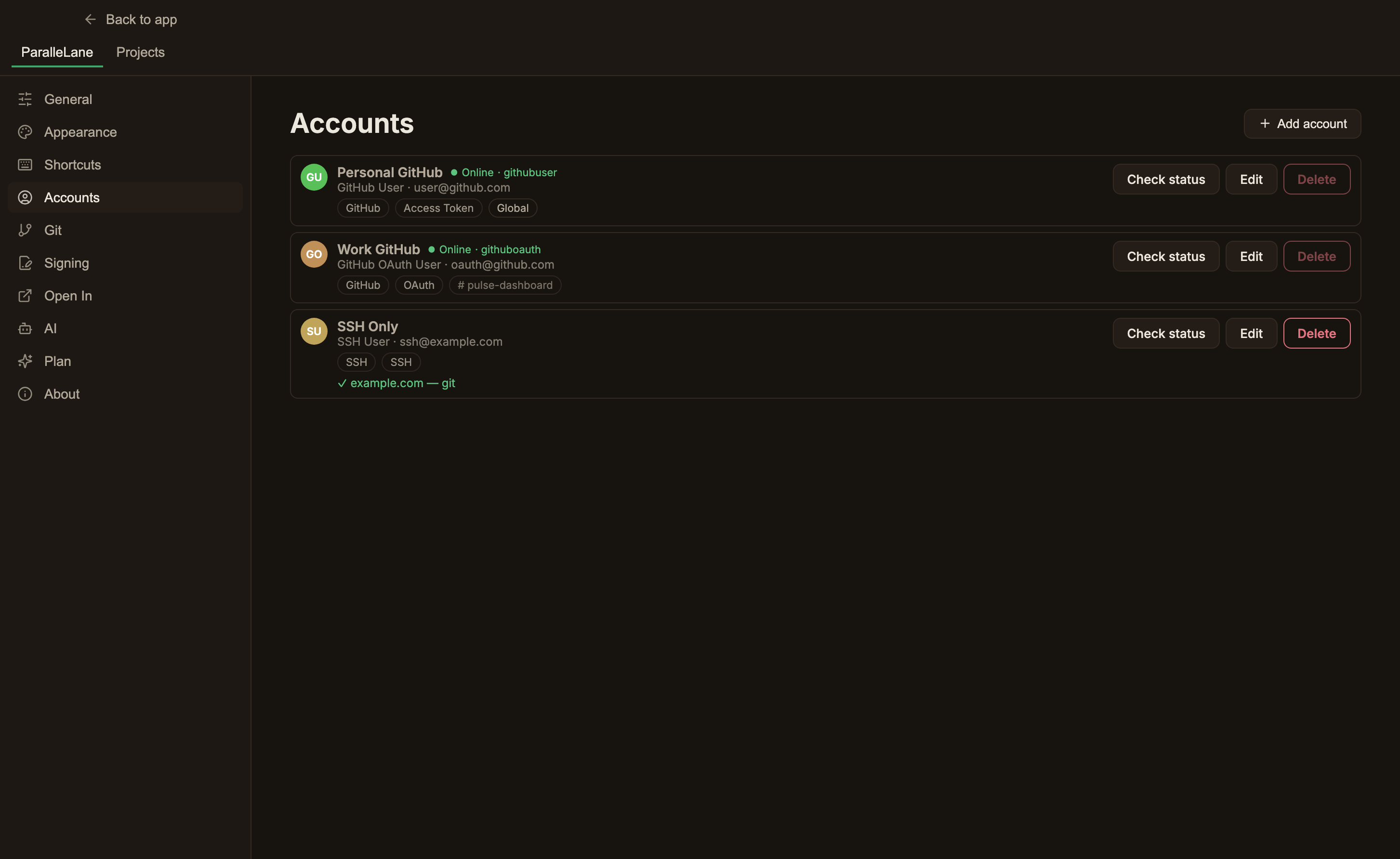The Accounts settings screen, listing token, OAuth, and SSH account cards, each with a server-type badge and an authentication-method badge