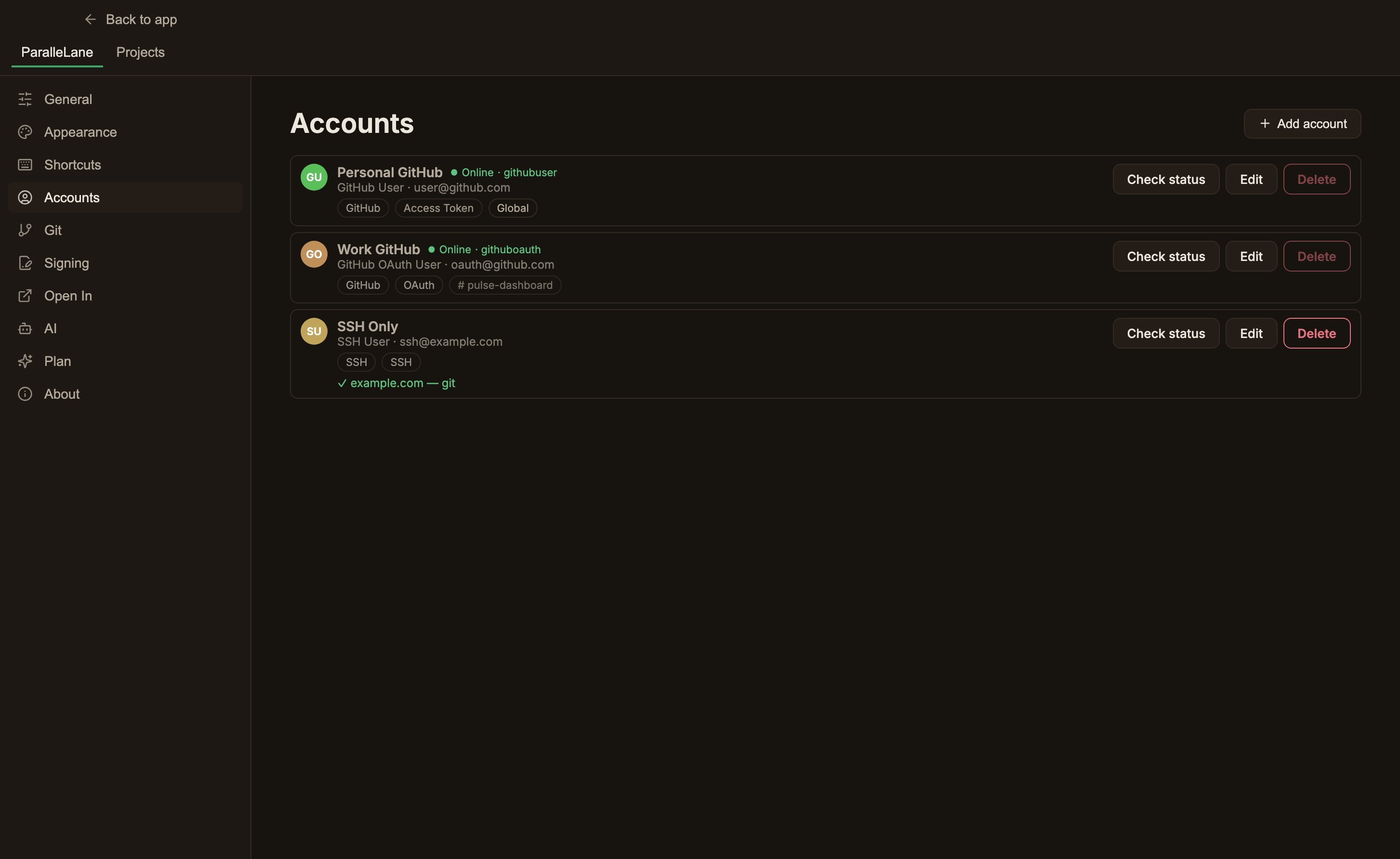 The Accounts settings screen, listing token, OAuth, and SSH account cards, each with a server-type badge and an authentication-method badge