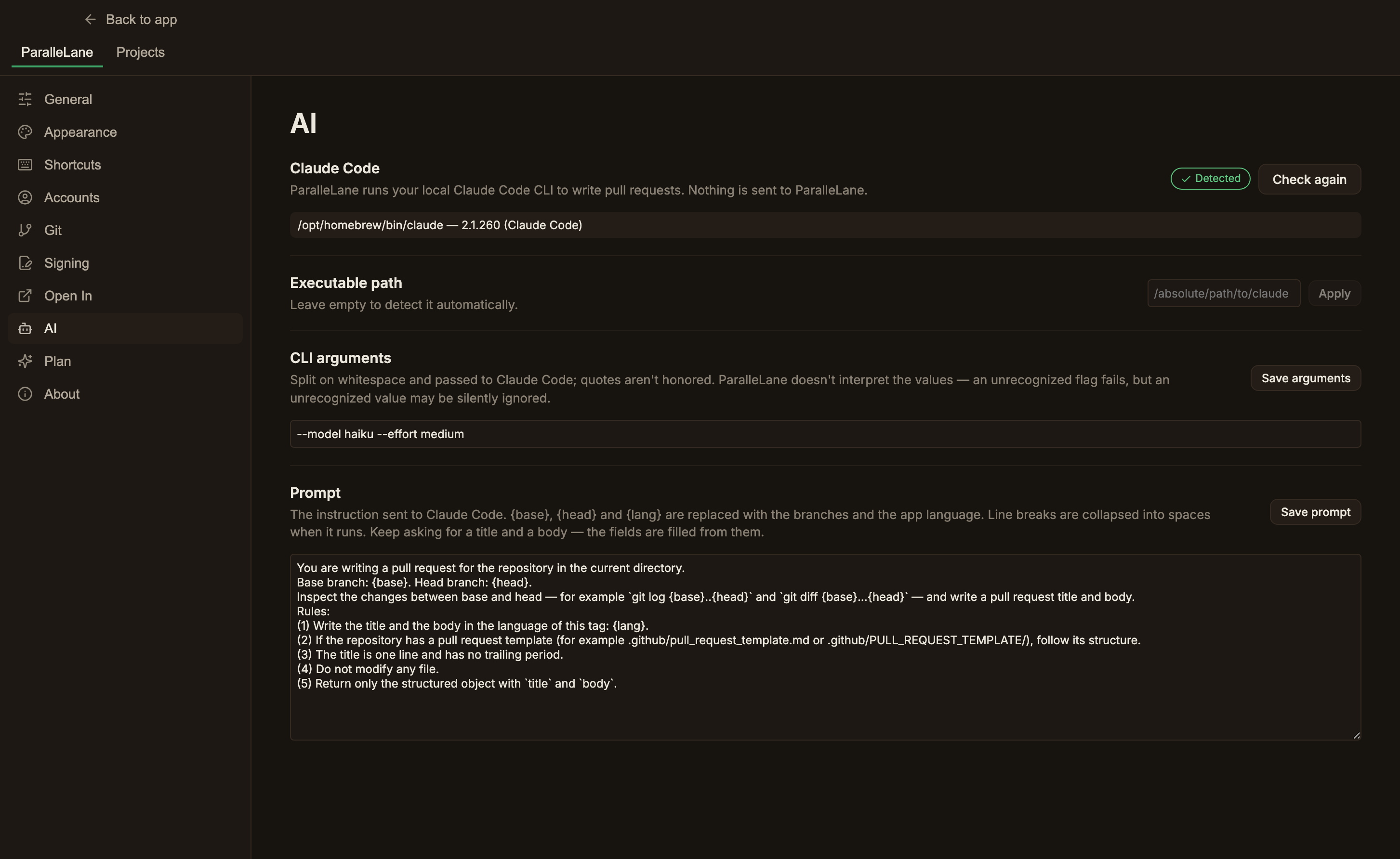 The AI settings screen, with the Claude Code row carrying a Detected badge and a Check again button above the resolved path and version, followed by the Executable path, CLI arguments, and Prompt rows