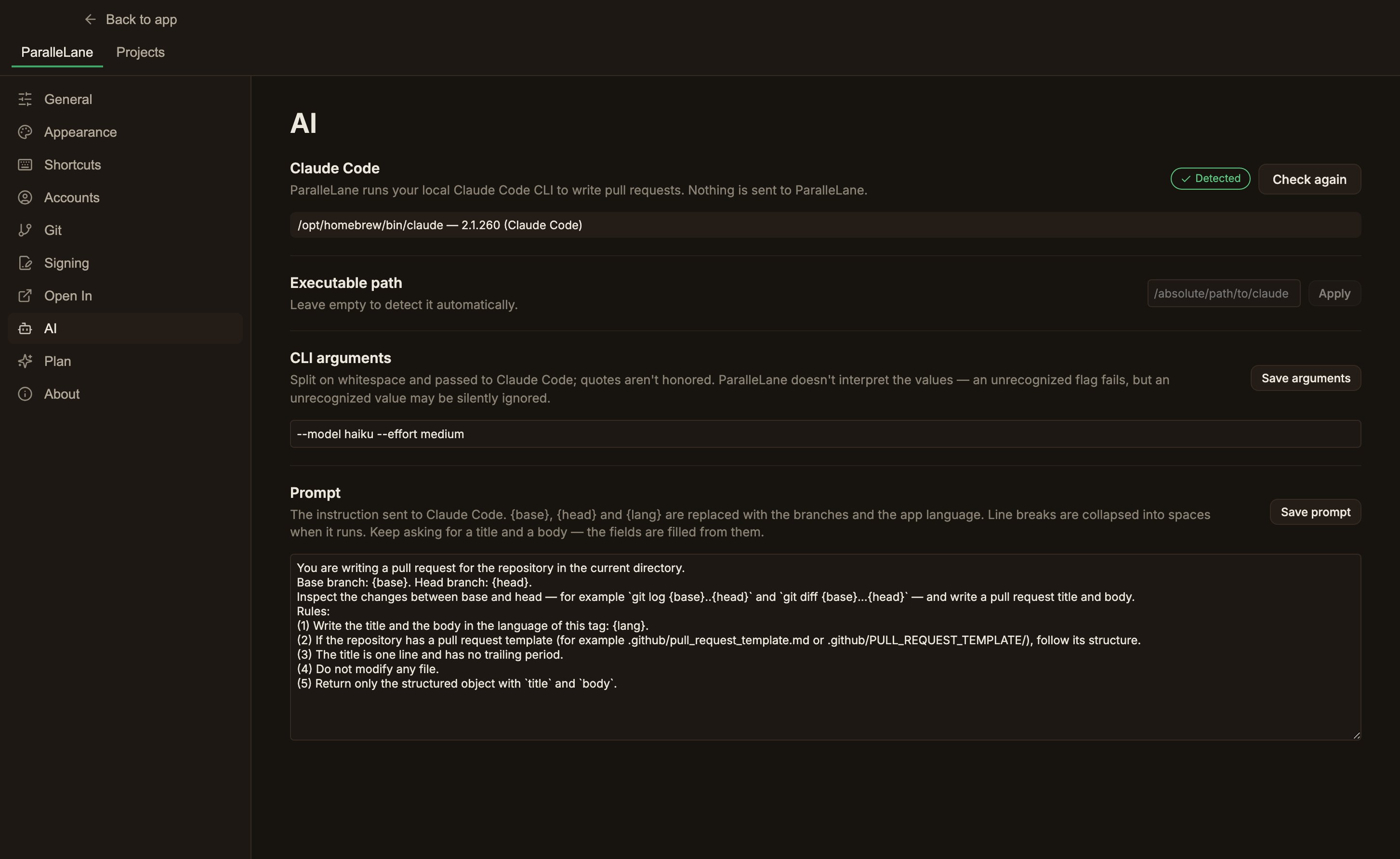 The AI settings screen, with the Claude Code row carrying a Detected badge and a Check again button above the resolved path and version, followed by the Executable path, CLI arguments, and Prompt rows