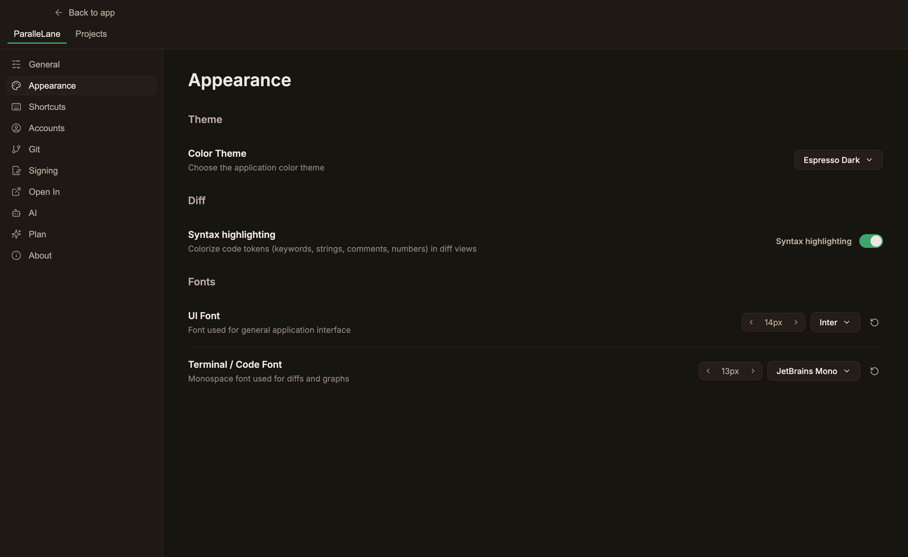 The Appearance settings screen for choosing the color theme, syntax highlighting, and UI and code fonts