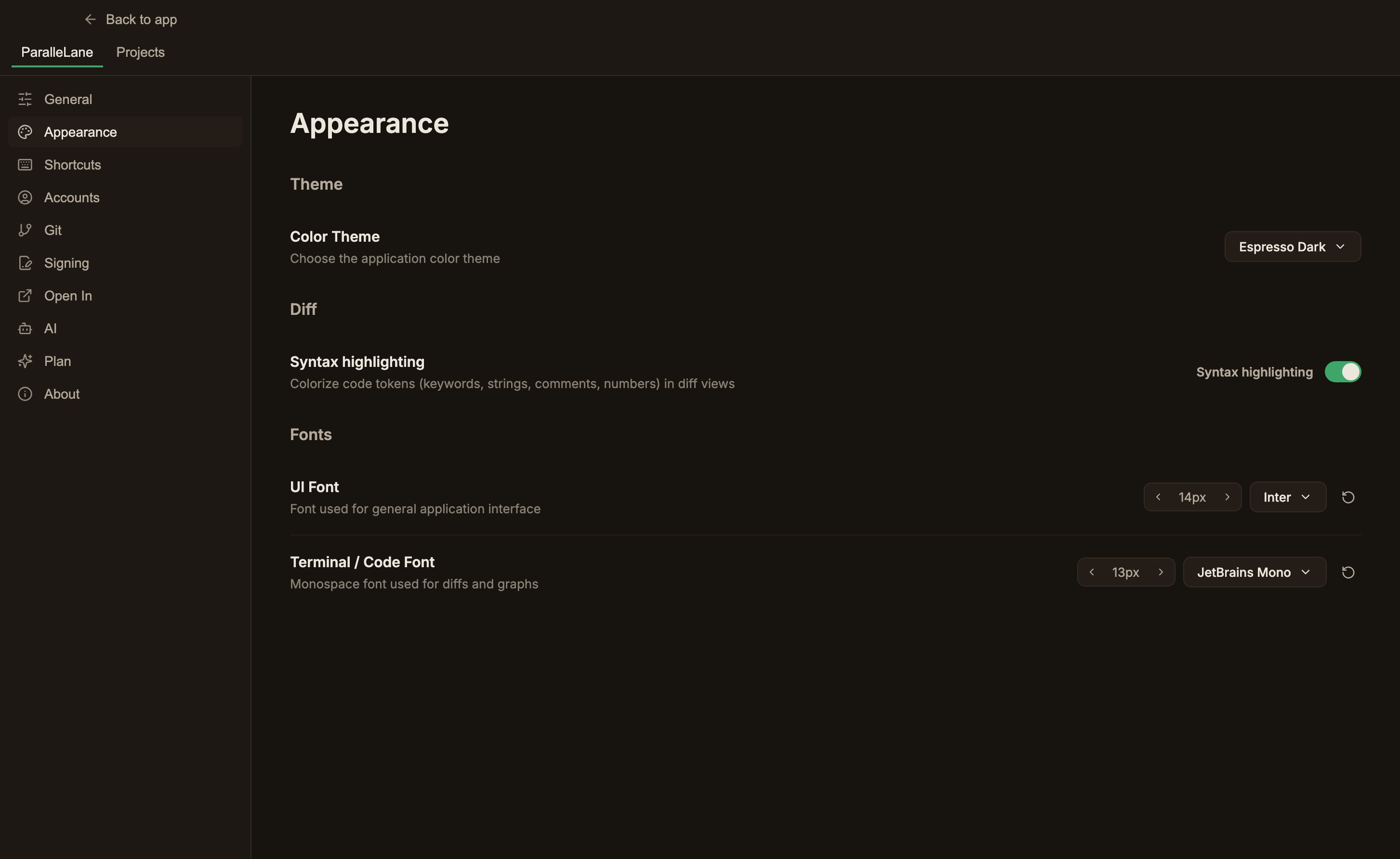 The Appearance settings screen for choosing the color theme, syntax highlighting, and UI and code fonts
