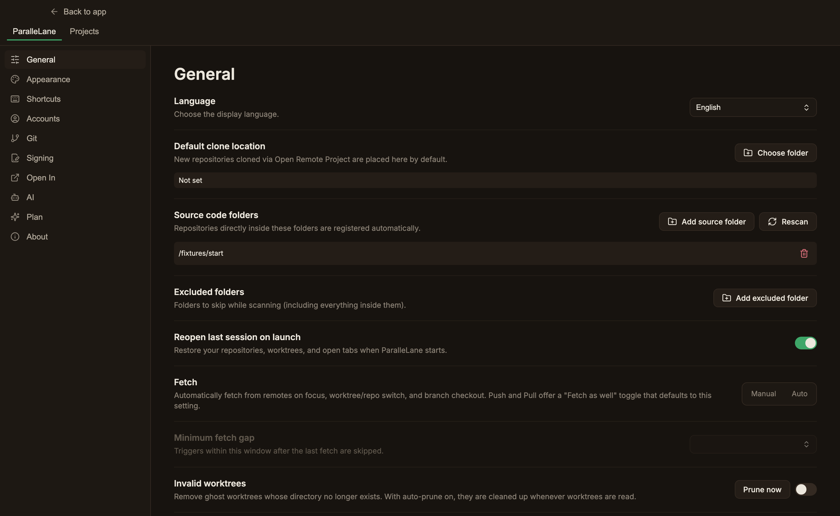 The General settings screen, with the Language, Default clone location, Source code folders, Excluded folders, session restore, Fetch, Invalid worktrees, and Updates rows stacked in that order
