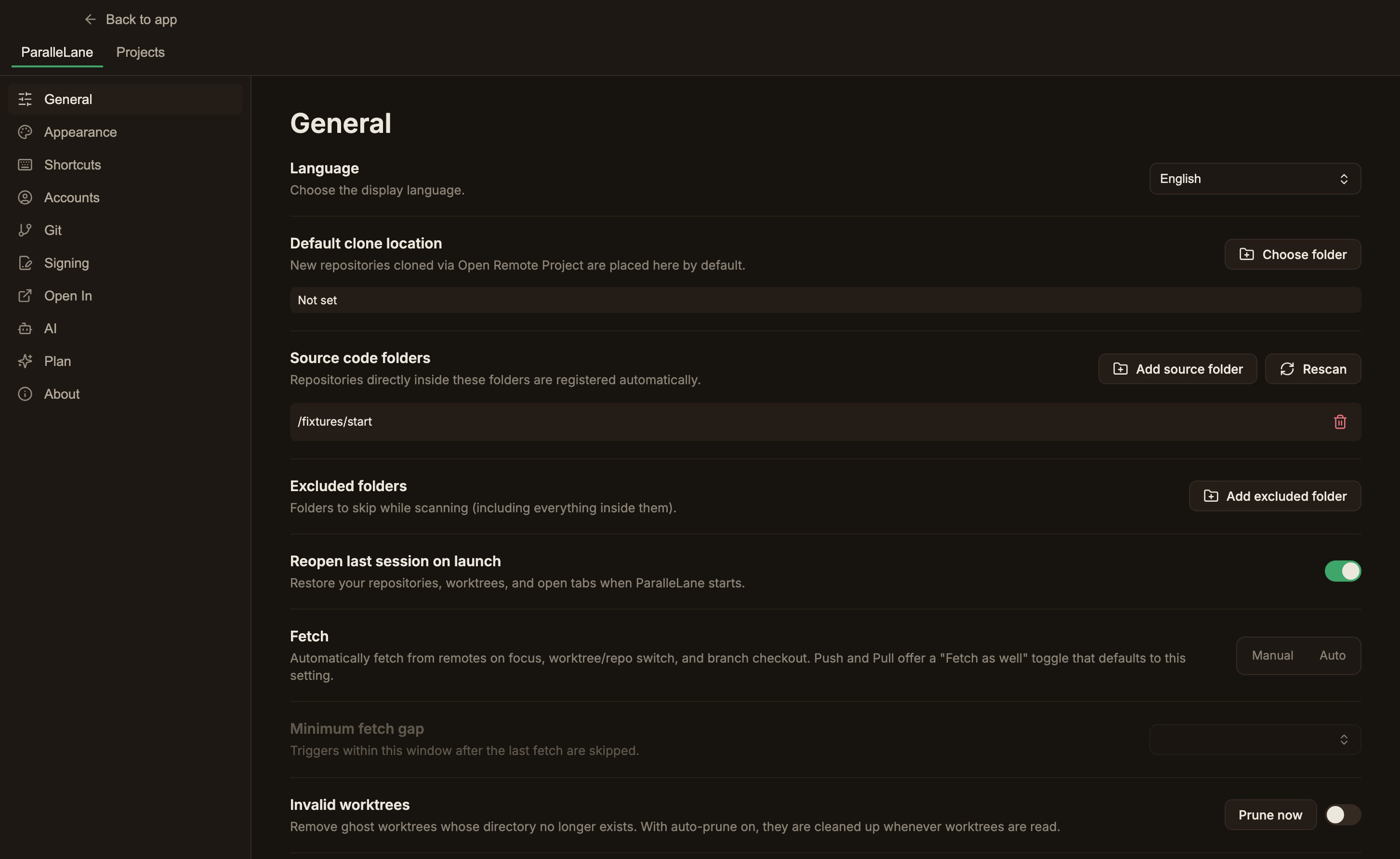 The General settings screen, with the Language, Default clone location, Source code folders, Excluded folders, session restore, Fetch, Invalid worktrees, and Updates rows stacked in that order