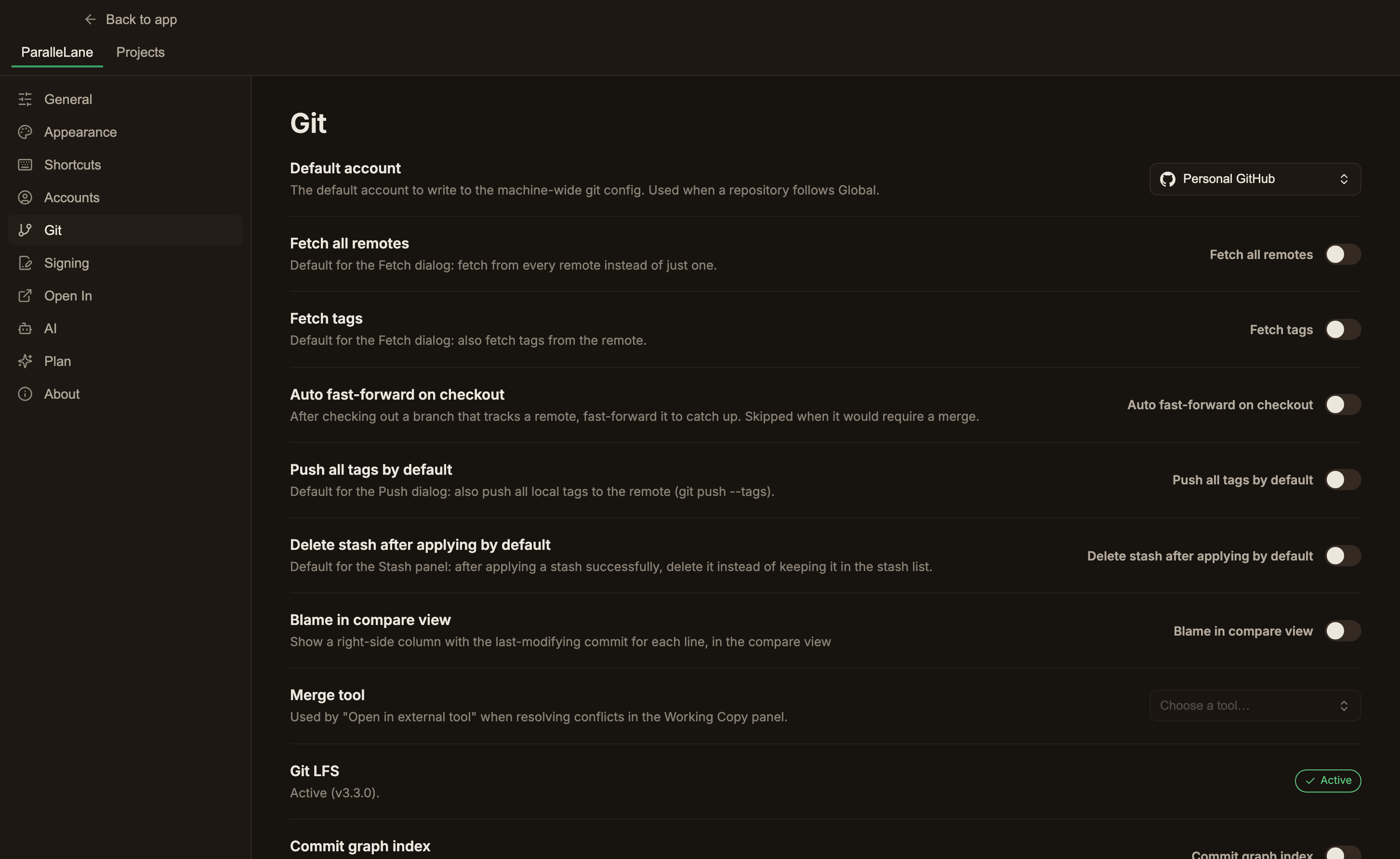 The Git settings screen, with the default account, fetch and push defaults, and the Git LFS status badge