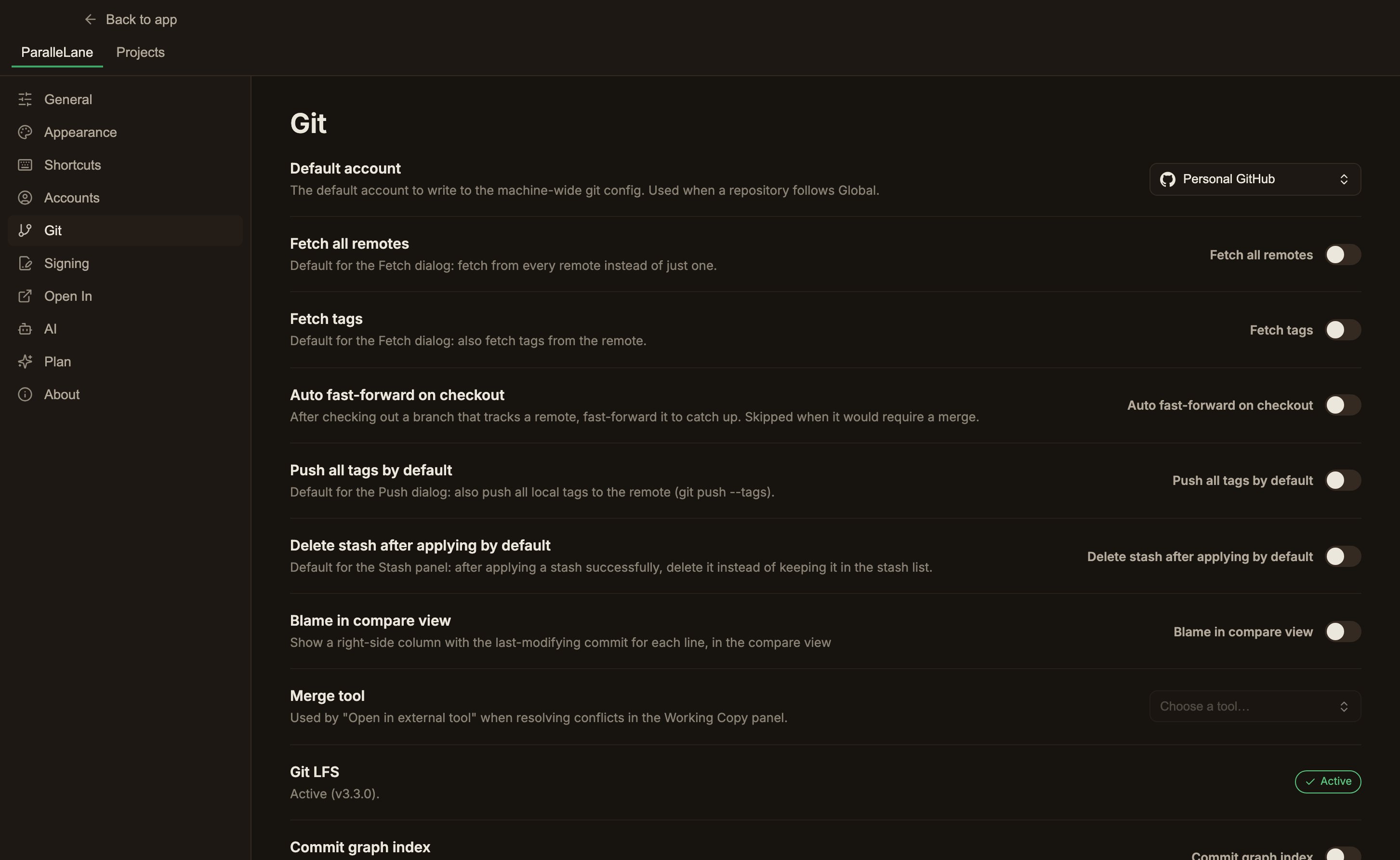 The Git settings screen, with the default account, fetch and push defaults, and the Git LFS status badge