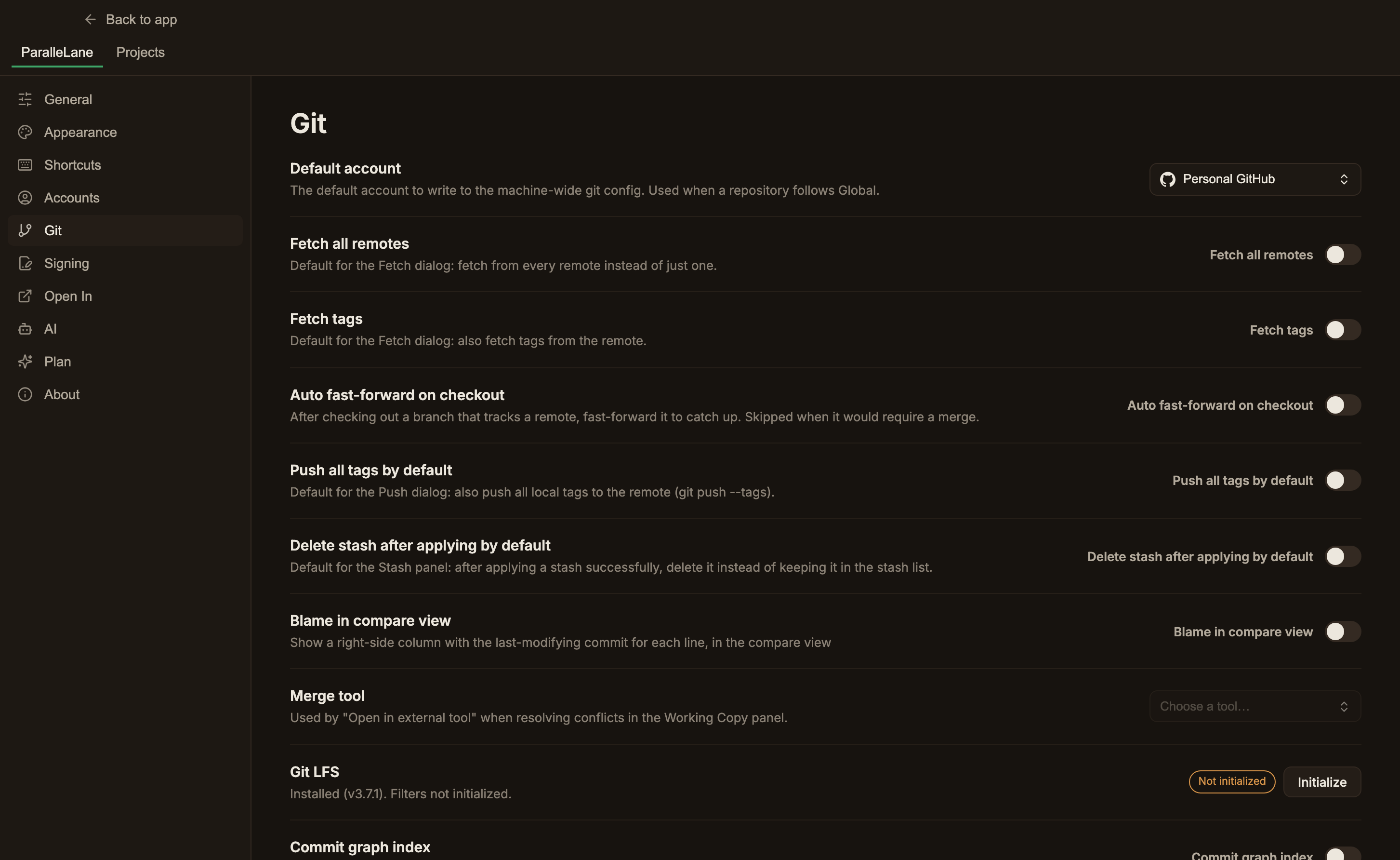 The Git LFS row near the bottom of the Git settings screen, showing a status badge and version
