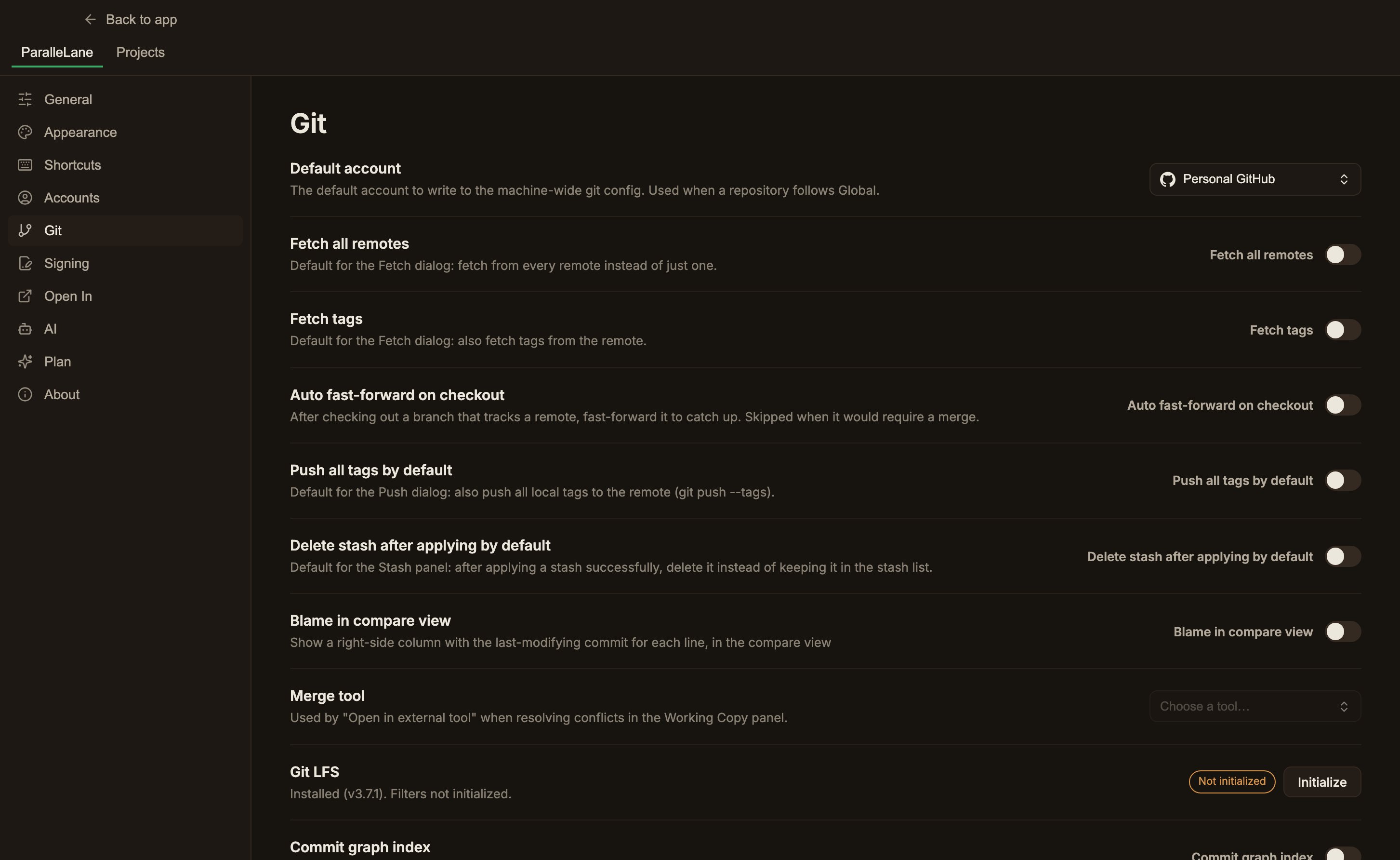 The Git LFS row near the bottom of the Git settings screen, showing a status badge and version
