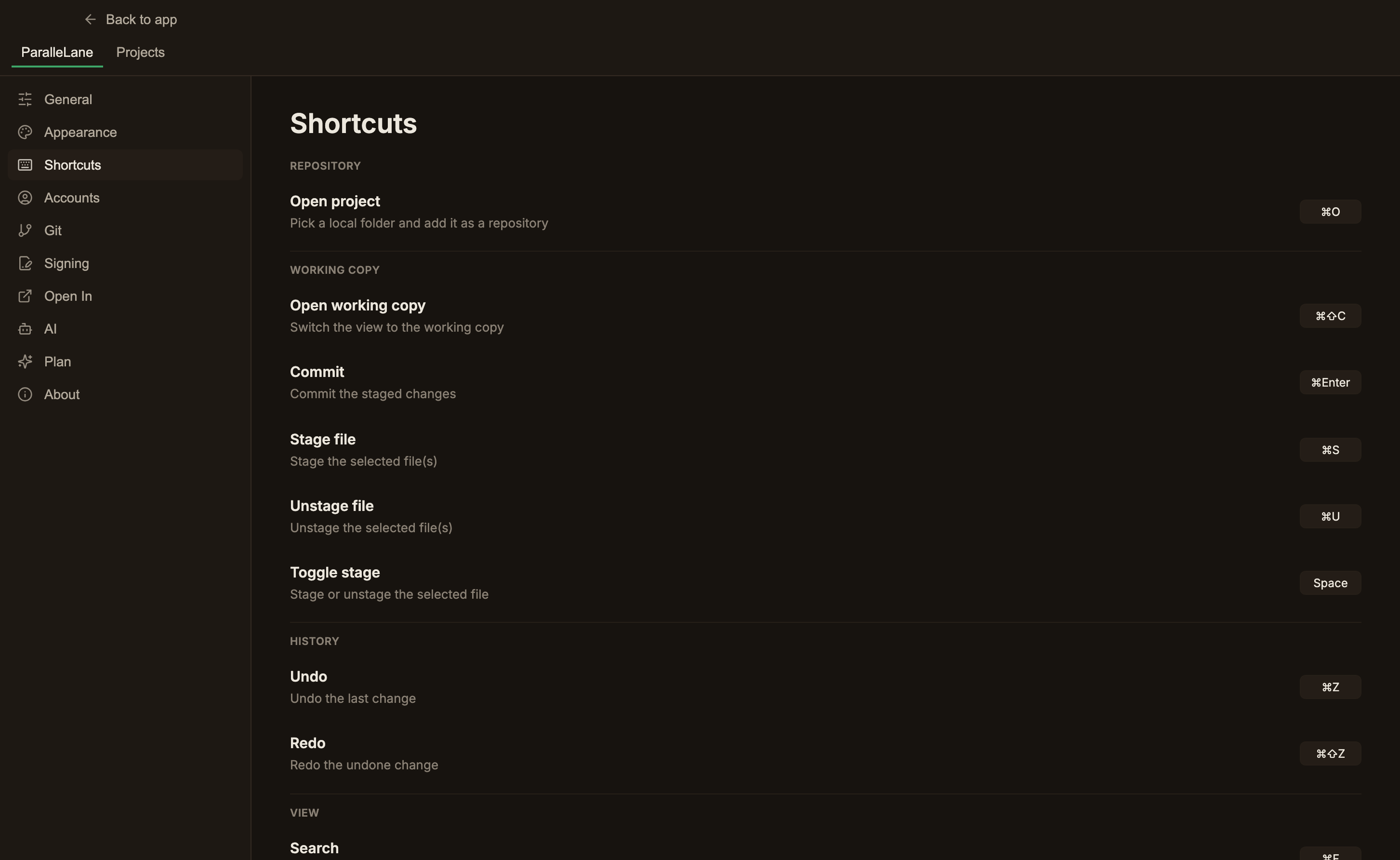 The Shortcuts settings screen, listing commands grouped by category (Repository, Working copy, History, View, Tabs & window), each next to a chip showing its current shortcut. Repository comes first, holding the single Open project command with a ⌘O chip