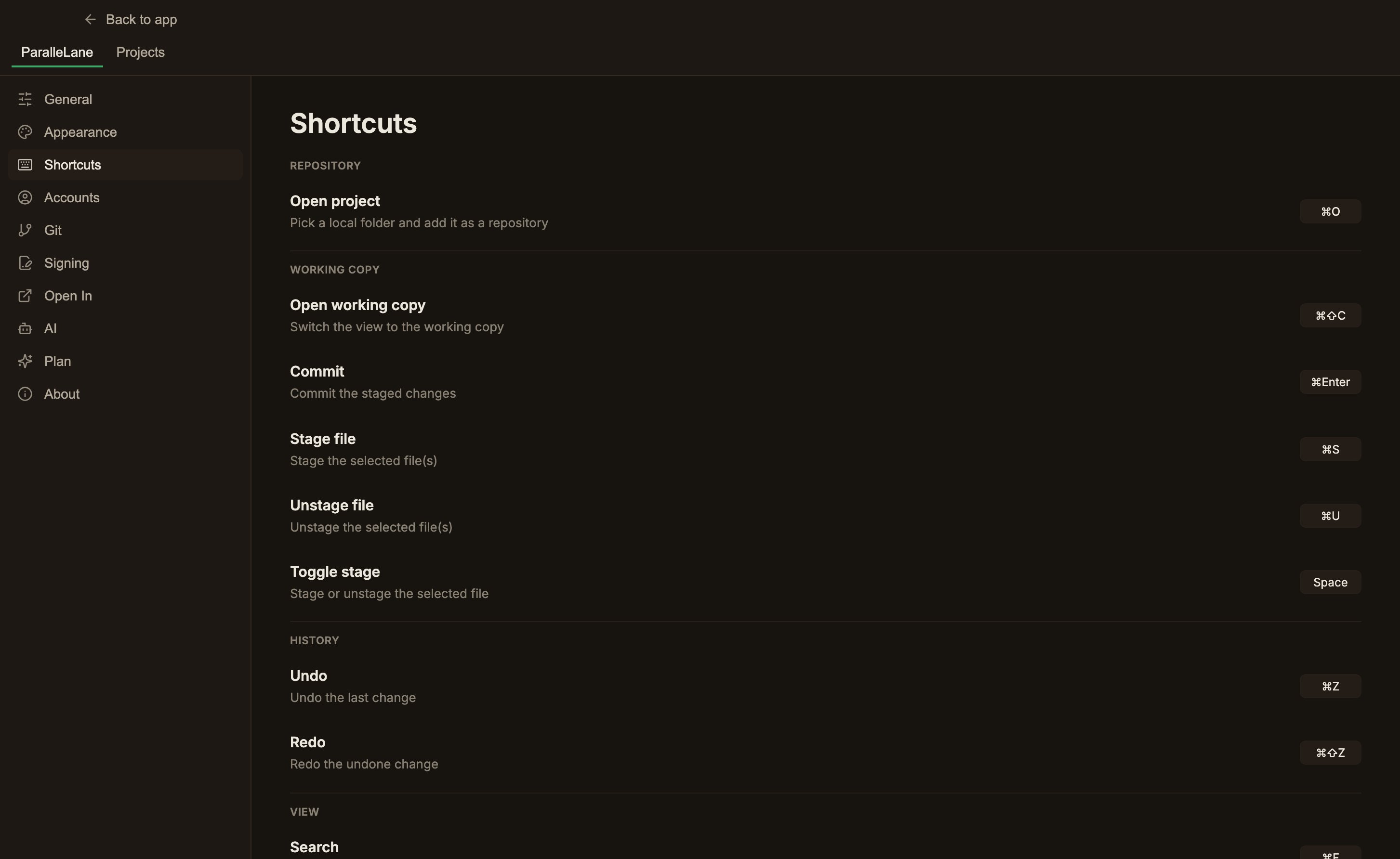 The Shortcuts settings screen, listing commands grouped by category (Repository, Working copy, History, View, Tabs & window), each next to a chip showing its current shortcut. Repository comes first, holding the single Open project command with a ⌘O chip