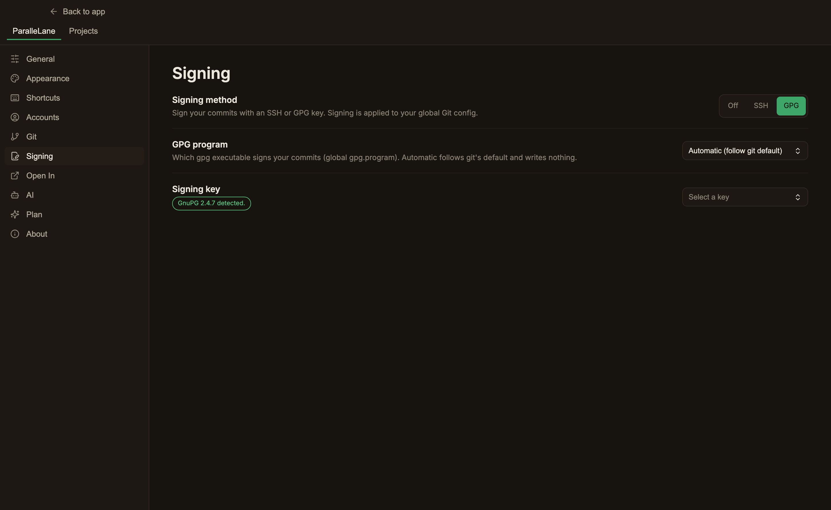 The signing settings screen with the signing method switched to GPG. A GPG program row set to Automatic (follow git default) sits below the method, and the Signing key row beneath it carries the GnuPG 2.4.7 detected badge and the key selection dropdown