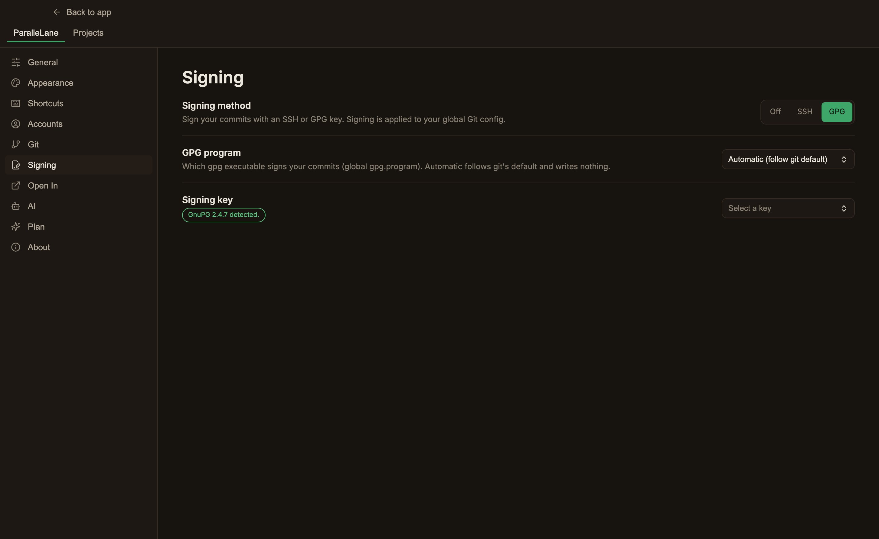 The signing settings screen with the signing method switched to GPG. A GPG program row set to Automatic (follow git default) sits below the method, and the Signing key row beneath it carries the GnuPG 2.4.7 detected badge and the key selection dropdown