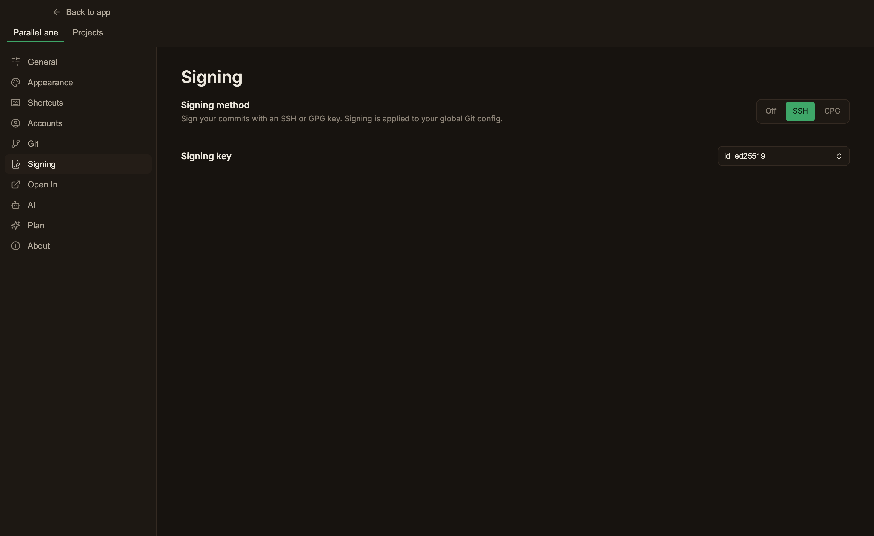 The signing settings screen with SSH selected as the signing method and a signing key being chosen from ~/.ssh