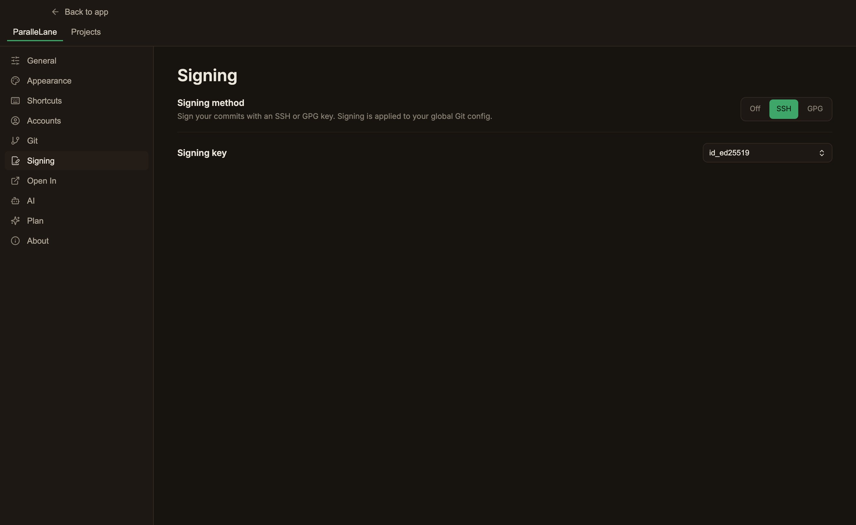 The signing settings screen with SSH selected as the signing method and a signing key being chosen from ~/.ssh