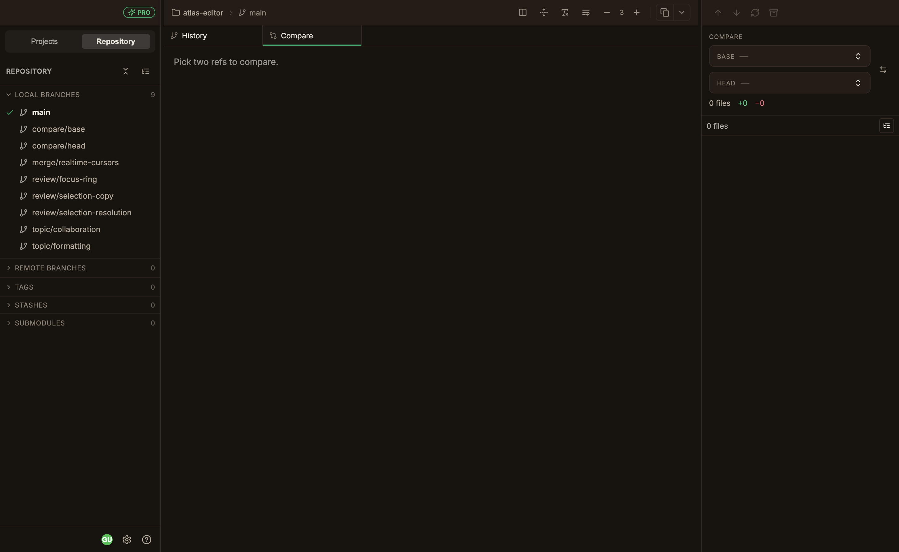 A screen with only the message Pick two refs to compare showing in the main Compare tab, and empty base and head dropdowns plus a swap button in the right sidebar