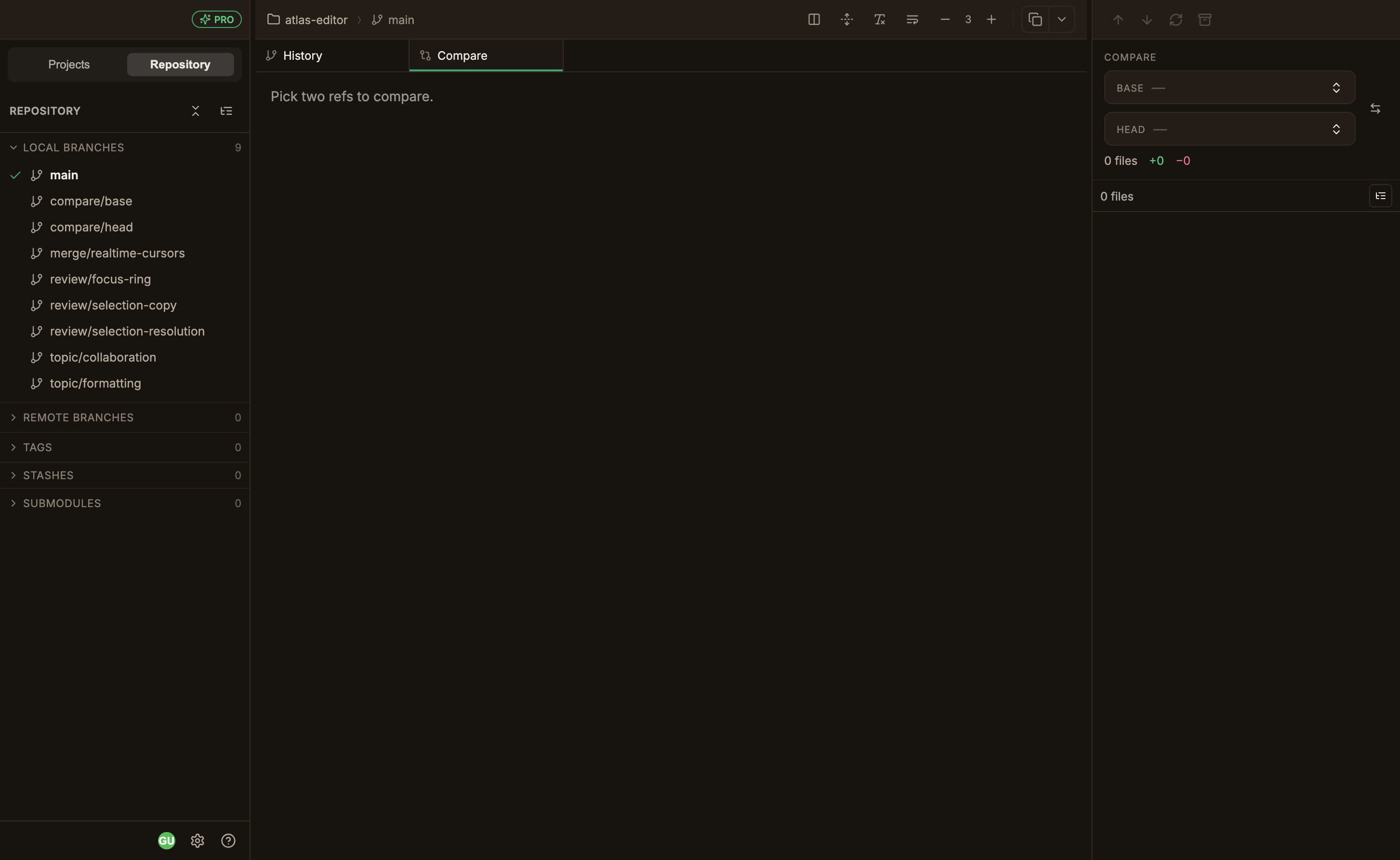 A screen with only the message Pick two refs to compare showing in the main Compare tab, and empty base and head dropdowns plus a swap button in the right sidebar