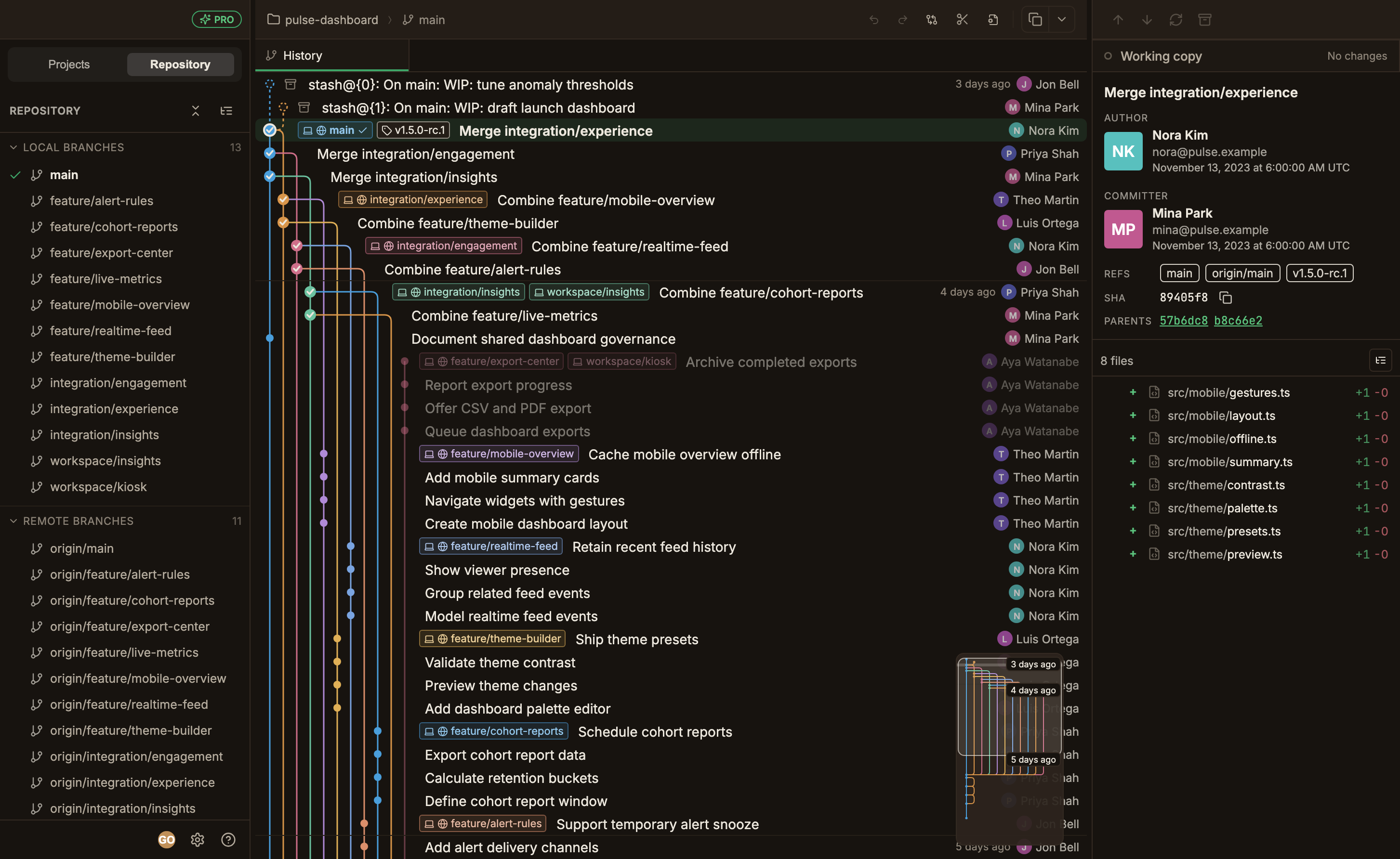 The full 1.1.0 window, a green PRO badge at the right of the left sidebar header, a round account avatar alongside the settings and help buttons at the bottom of the sidebar, and a newly added scissors-shaped Cleanup menu button in the center top bar