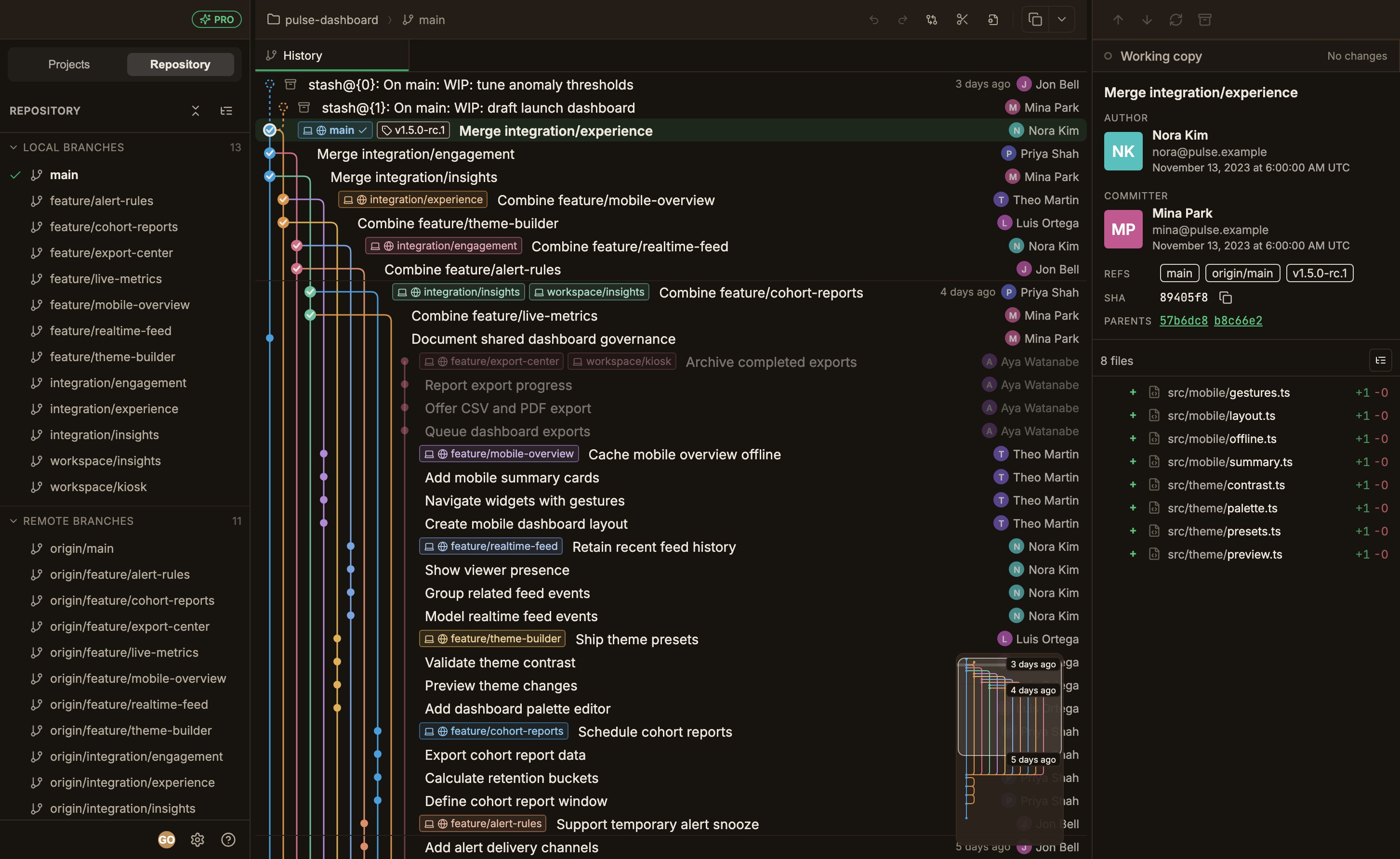 The full 1.1.0 window, a green PRO badge at the right of the left sidebar header, a round account avatar alongside the settings and help buttons at the bottom of the sidebar, and a newly added scissors-shaped Cleanup menu button in the center top bar