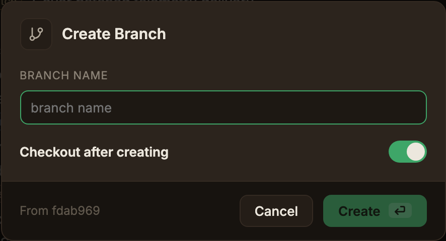 The dialog for creating a new branch from a base commit, with the name input field and the Checkout after creating toggle