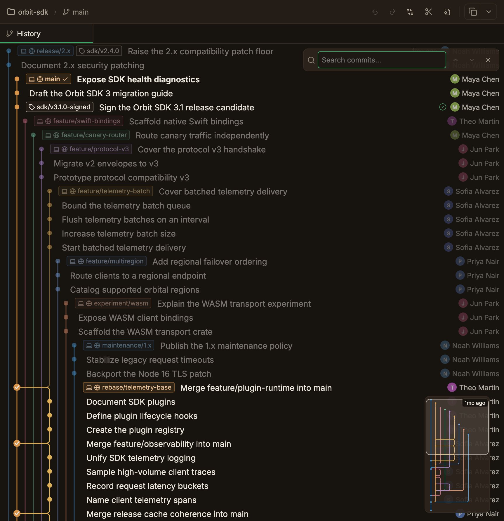 The commit search bar open in the upper right of the graph, showing a magnifying-glass icon, the 'Search commits…' input field, and the Previous match, Next match, and Close search buttons