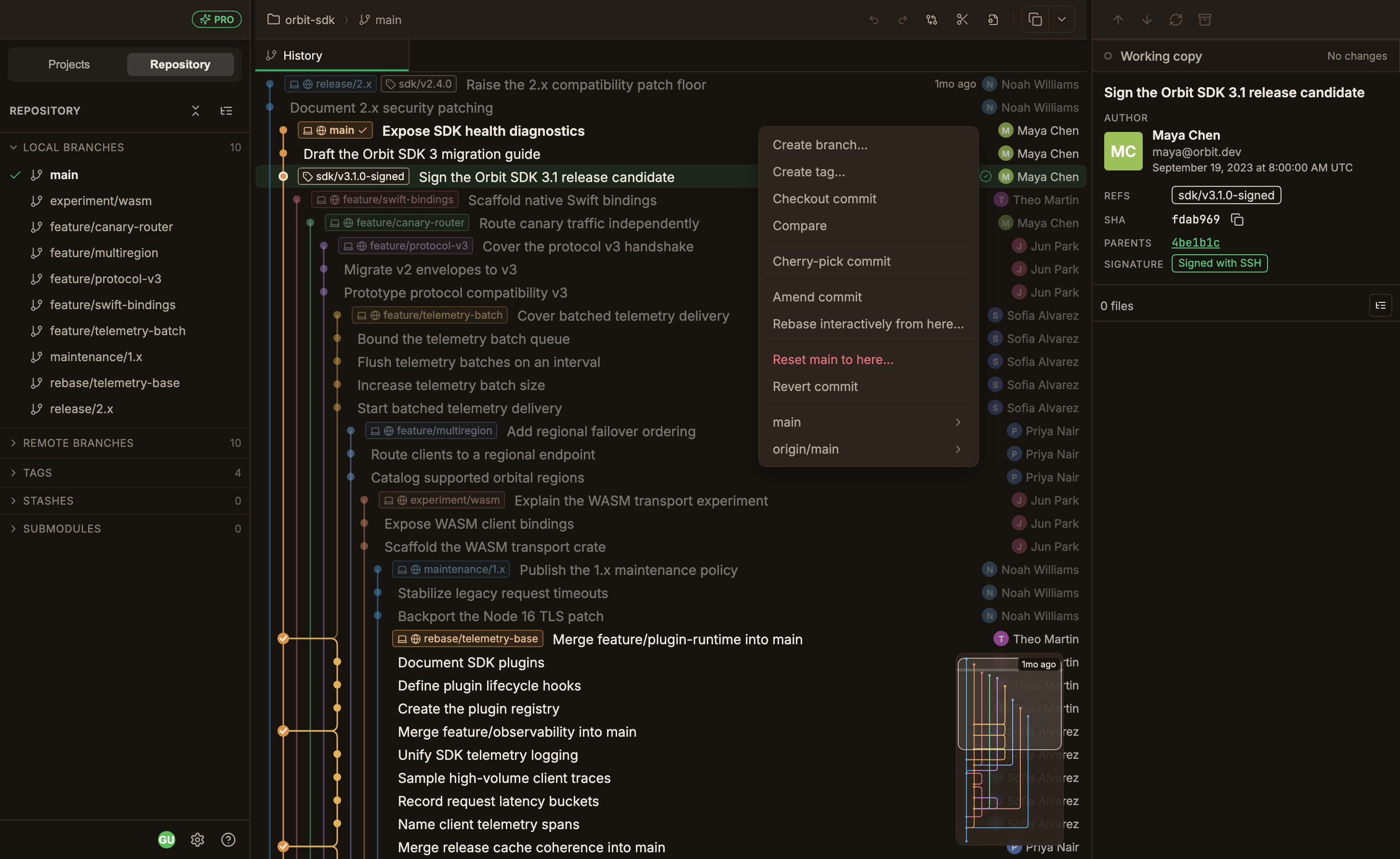 The action menu opened by right-clicking the HEAD commit. The create/read, cherry-pick, edit history, dangerous, and ref submenu groups are separated by dividers, and only the Reset item is shown in red