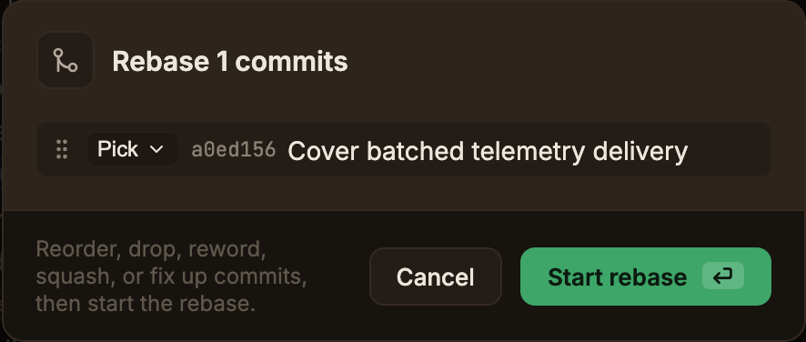 The interactive rebase dialog. Each commit row has a drag handle, an action dropdown, and a short SHA with the commit summary