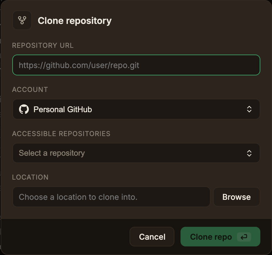 The remote repository clone dialog, where you select the Repository URL, Account, and the Accessible repositories and Location