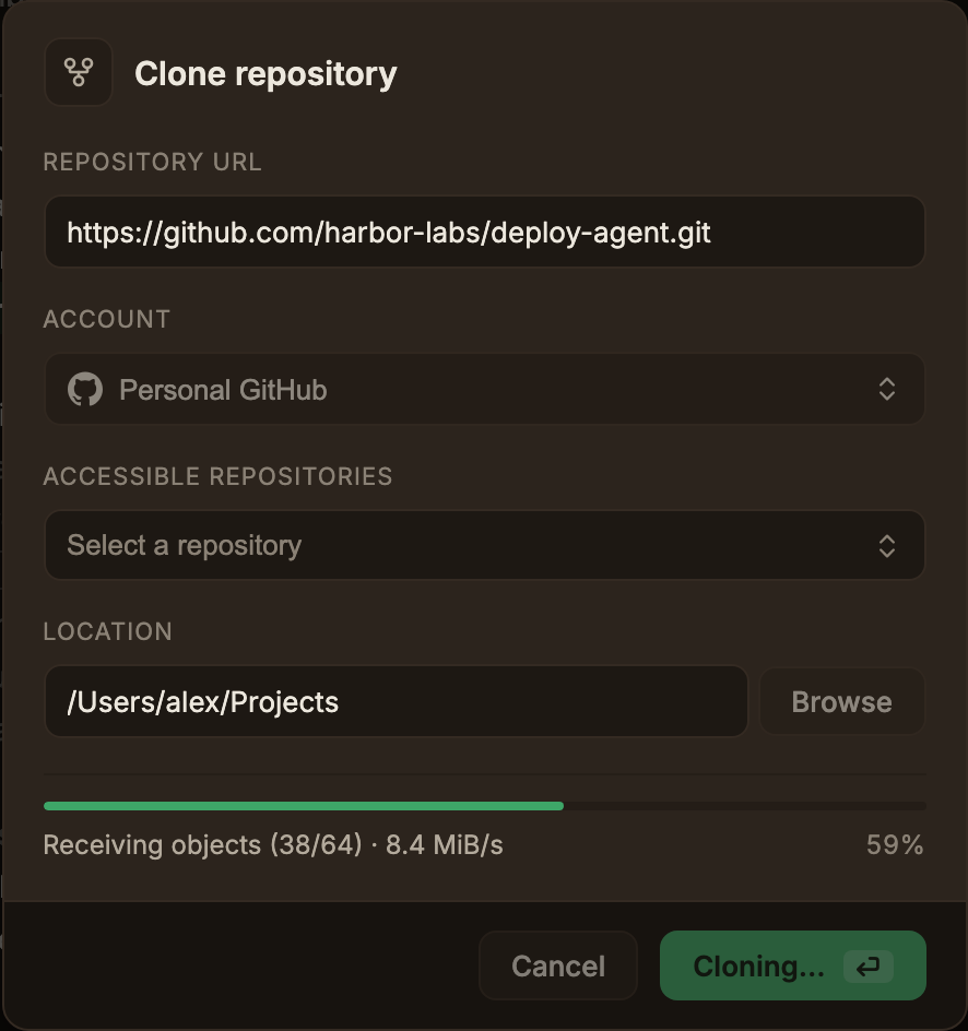 The clone dialog after entering a URL and running the clone, showing a per-stage progress bar and percentage