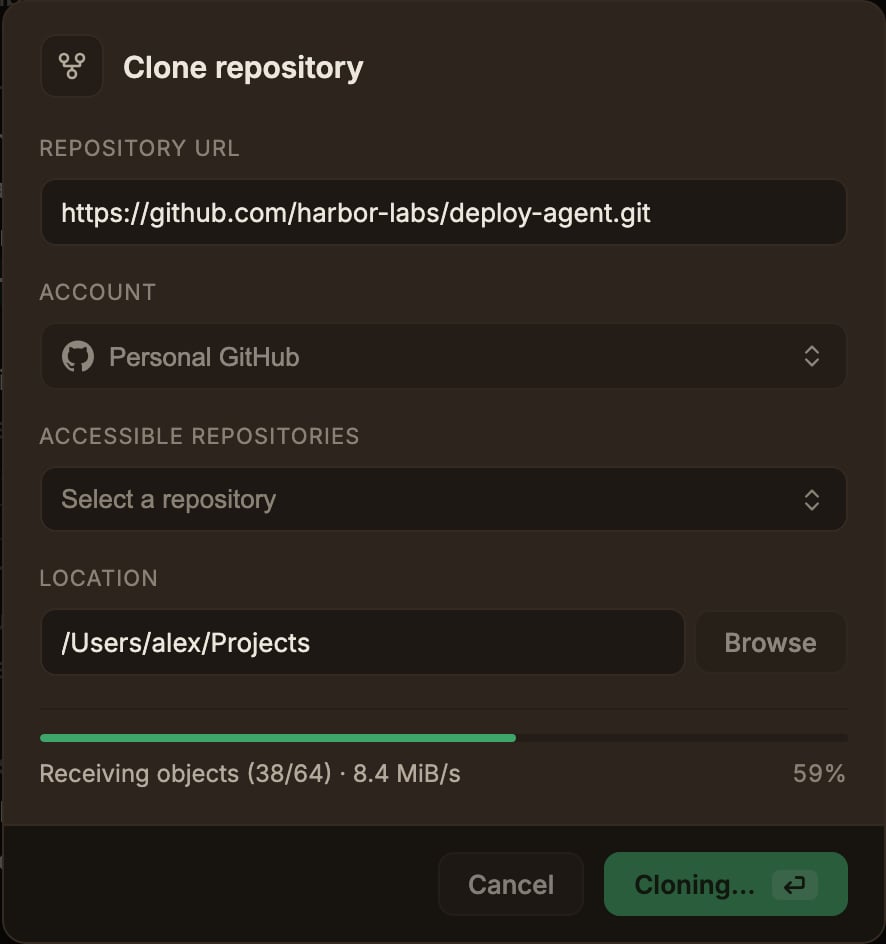 The clone dialog after entering a URL and running the clone, showing a per-stage progress bar and percentage