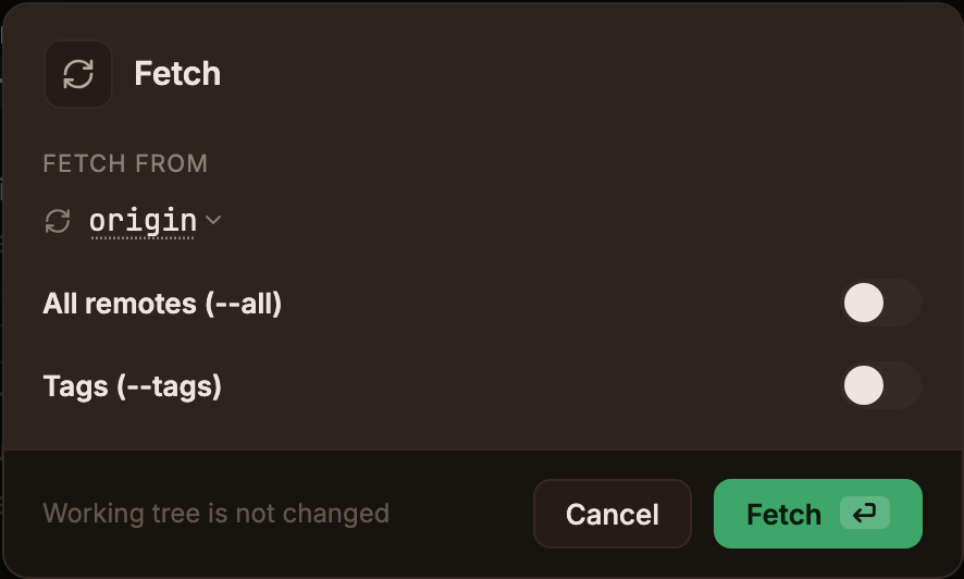 The fetch dialog, showing the Fetch from source and the all-remotes and fetch-tags options