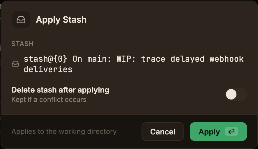 The Apply Stash dialog, showing the stash entry to apply and the Delete stash after applying option