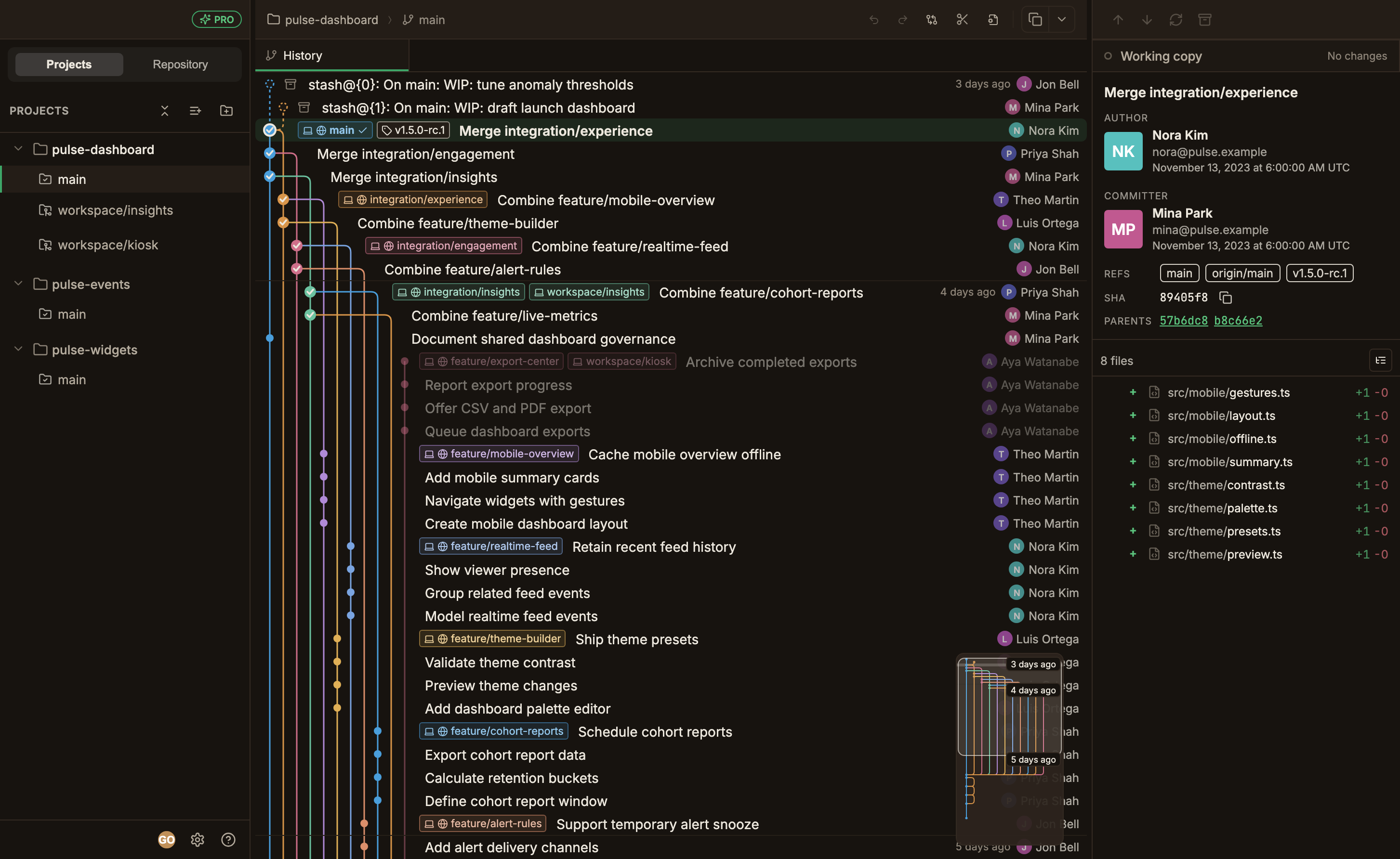 The full ParalleLane window, with the list of repositories and worktrees on the left, the commit graph divided into lanes in the center, and commit details on the right