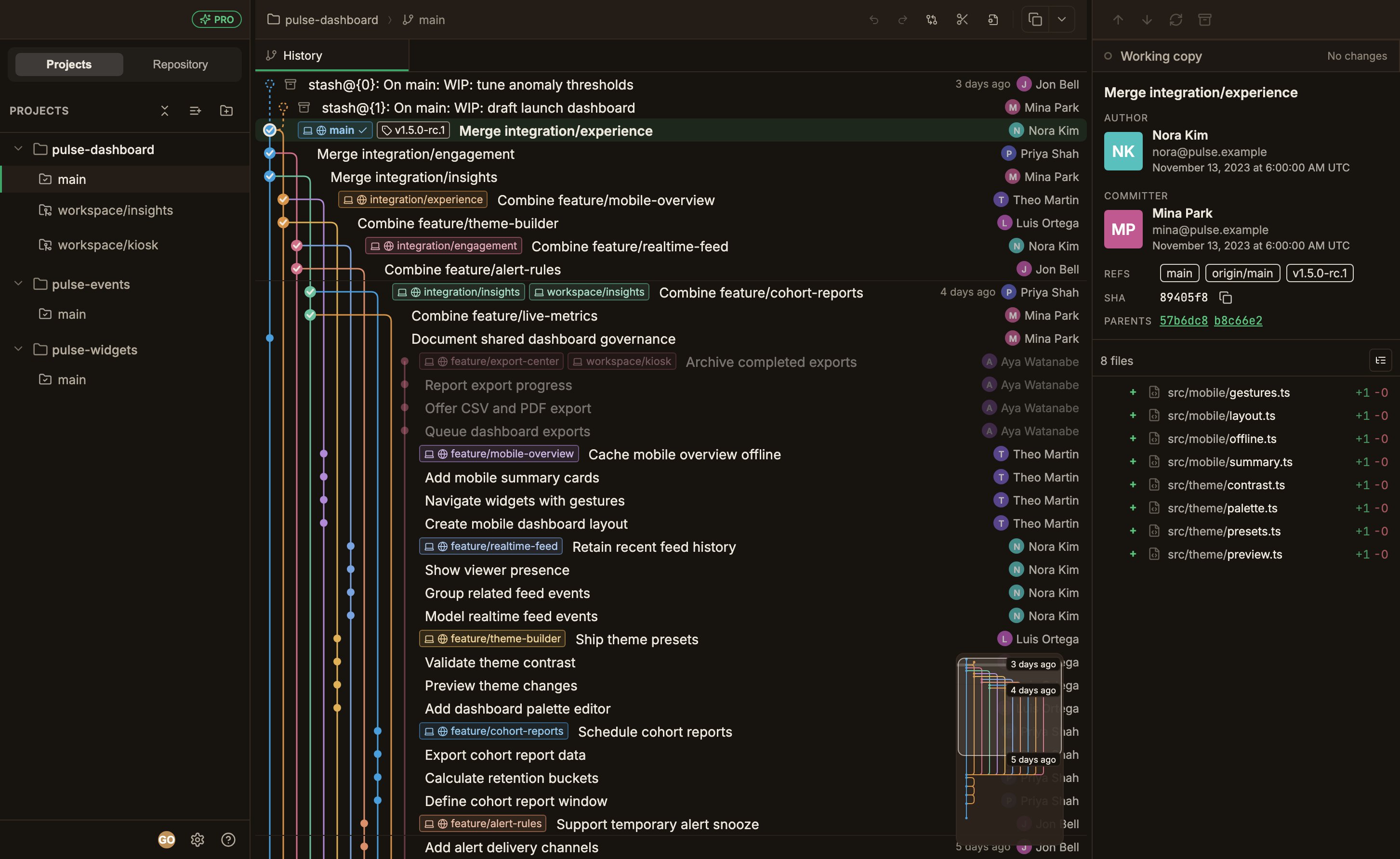 The full ParalleLane window, with the list of repositories and worktrees on the left, the commit graph divided into lanes in the center, and commit details on the right