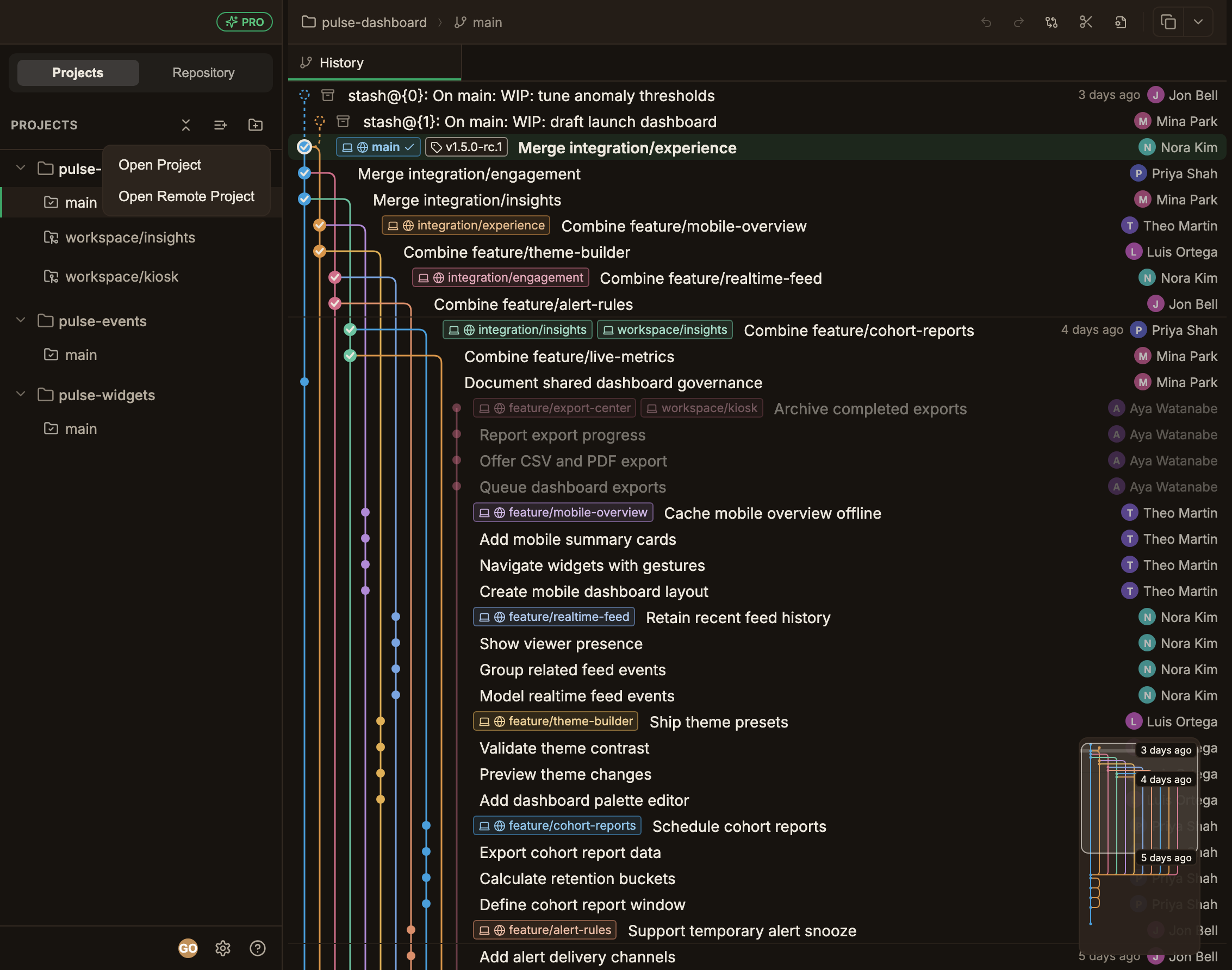 The Projects tab in the left sidebar, showing 3 repositories each expanded down to their worktrees; a dropdown opened from the Add repository button in the PROJECTS header overlays the sidebar, showing the 2 entries Open Project and Open Remote Project. On the right, the History tab of the selected worktree shows a multi-branch commit graph with branch chips and authors attached to the commits