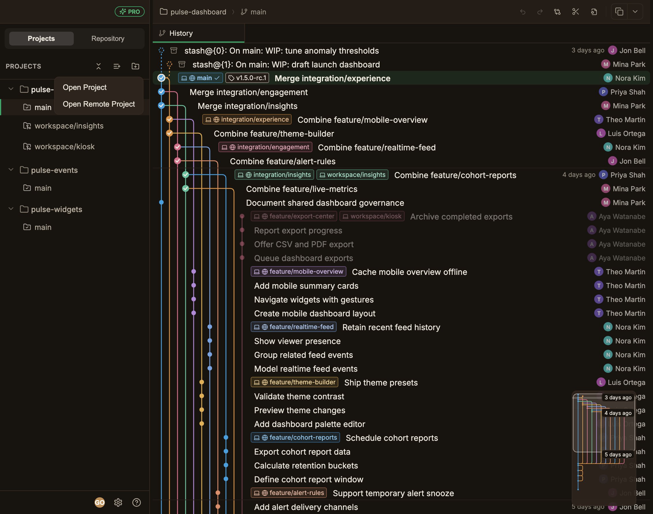 The Projects tab in the left sidebar, showing 3 repositories each expanded down to their worktrees; a dropdown opened from the Add repository button in the PROJECTS header overlays the sidebar, showing the 2 entries Open Project and Open Remote Project. On the right, the History tab of the selected worktree shows a multi-branch commit graph with branch chips and authors attached to the commits